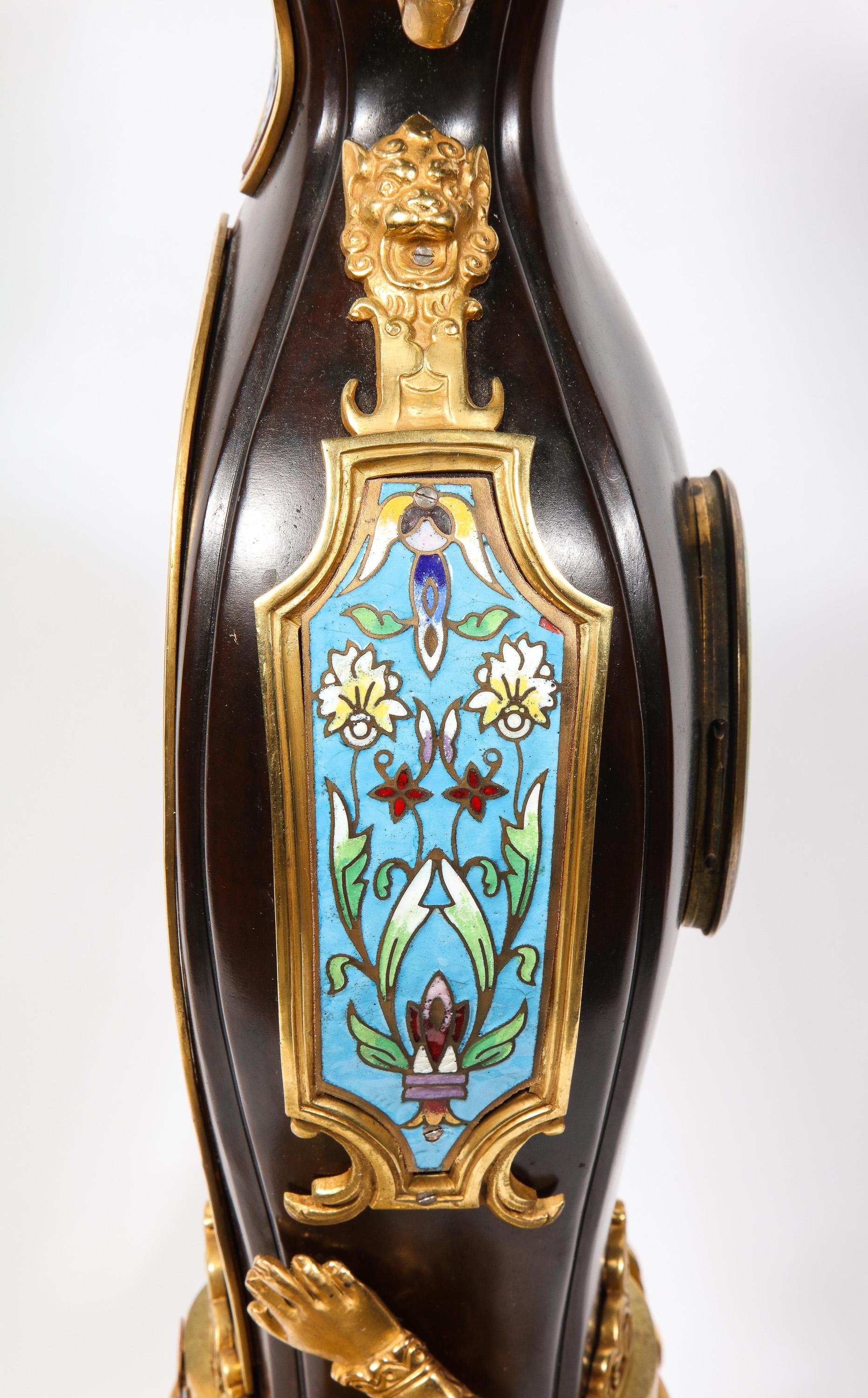 French Japonisme Ormolu, Patinated Bronze, and Cloisonne Enamel Mantel Clock For Sale 12