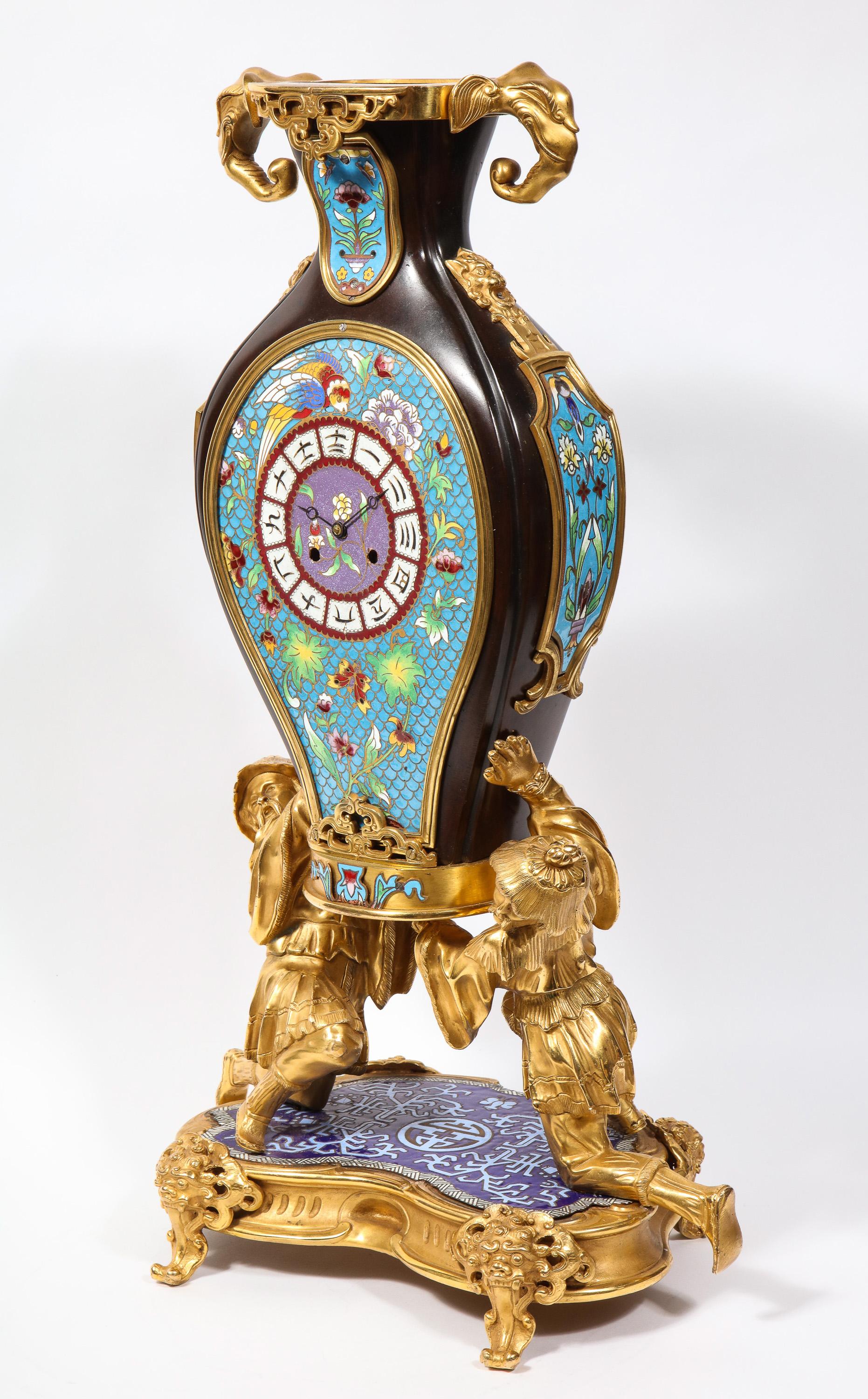 French Japonisme Ormolu, Patinated Bronze, and Cloisonne Enamel Mantel Clock For Sale 13