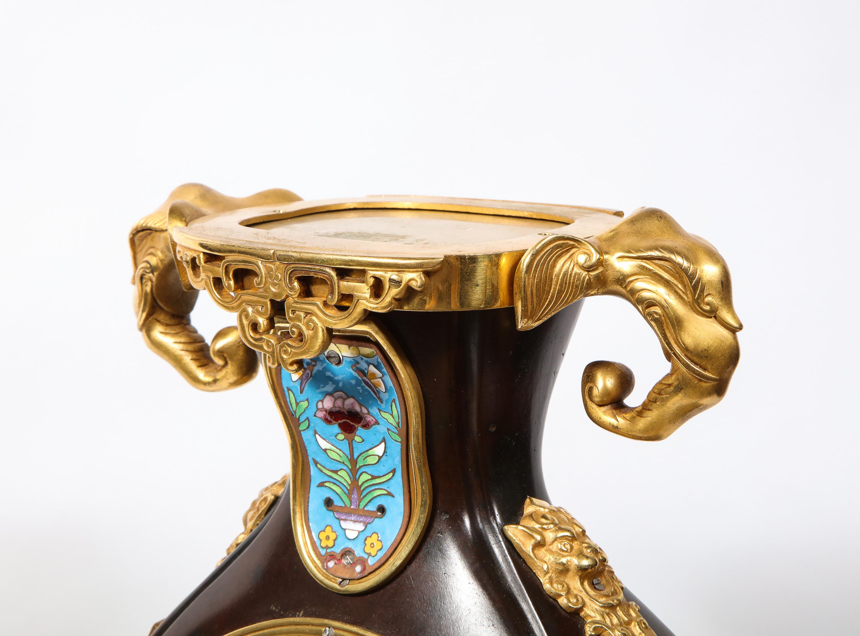 French Japonisme Ormolu, Patinated Bronze, and Cloisonne Enamel Mantel Clock For Sale 14