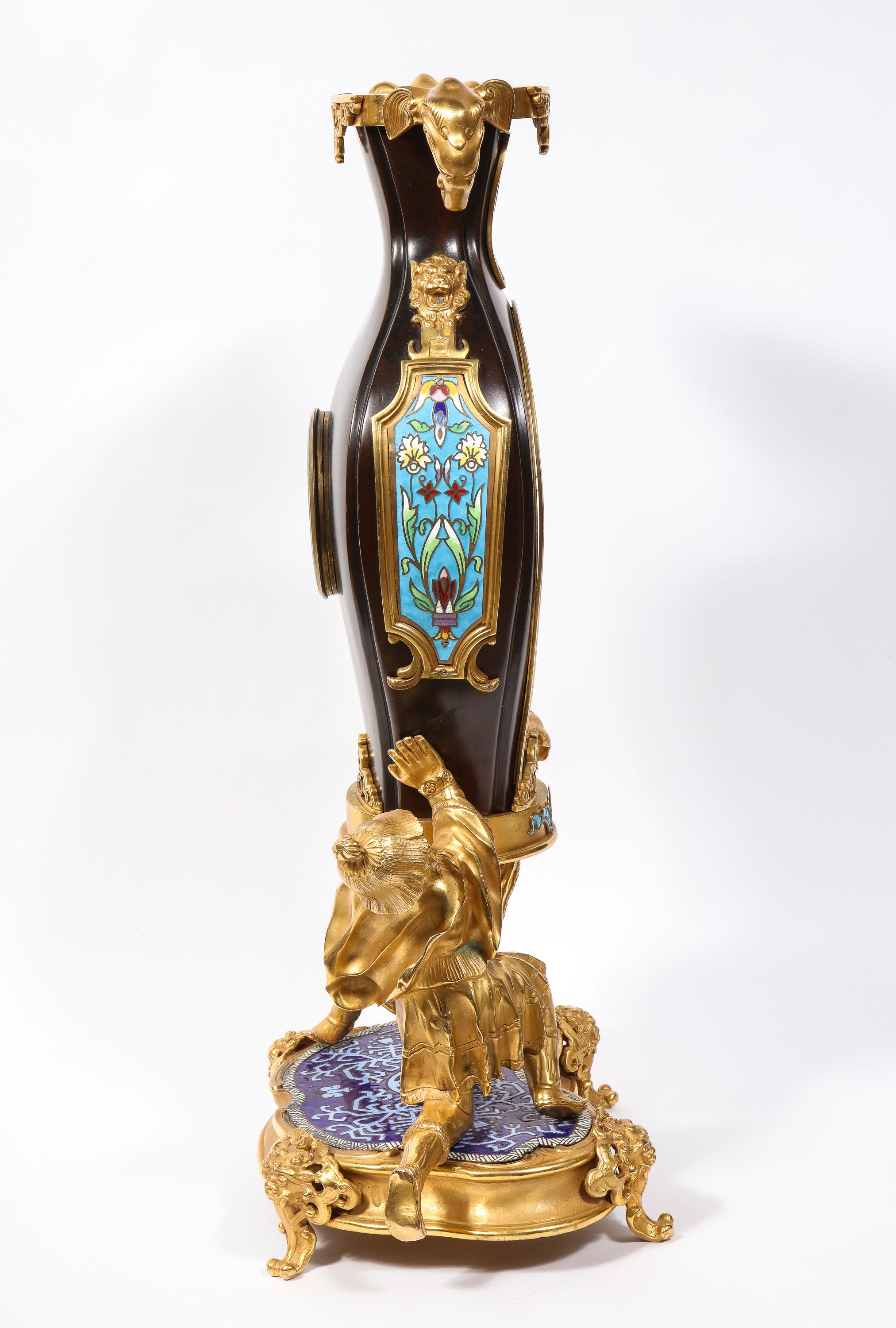 French Japonisme Ormolu, Patinated Bronze, and Cloisonne Enamel Mantel Clock In Good Condition For Sale In New York, NY