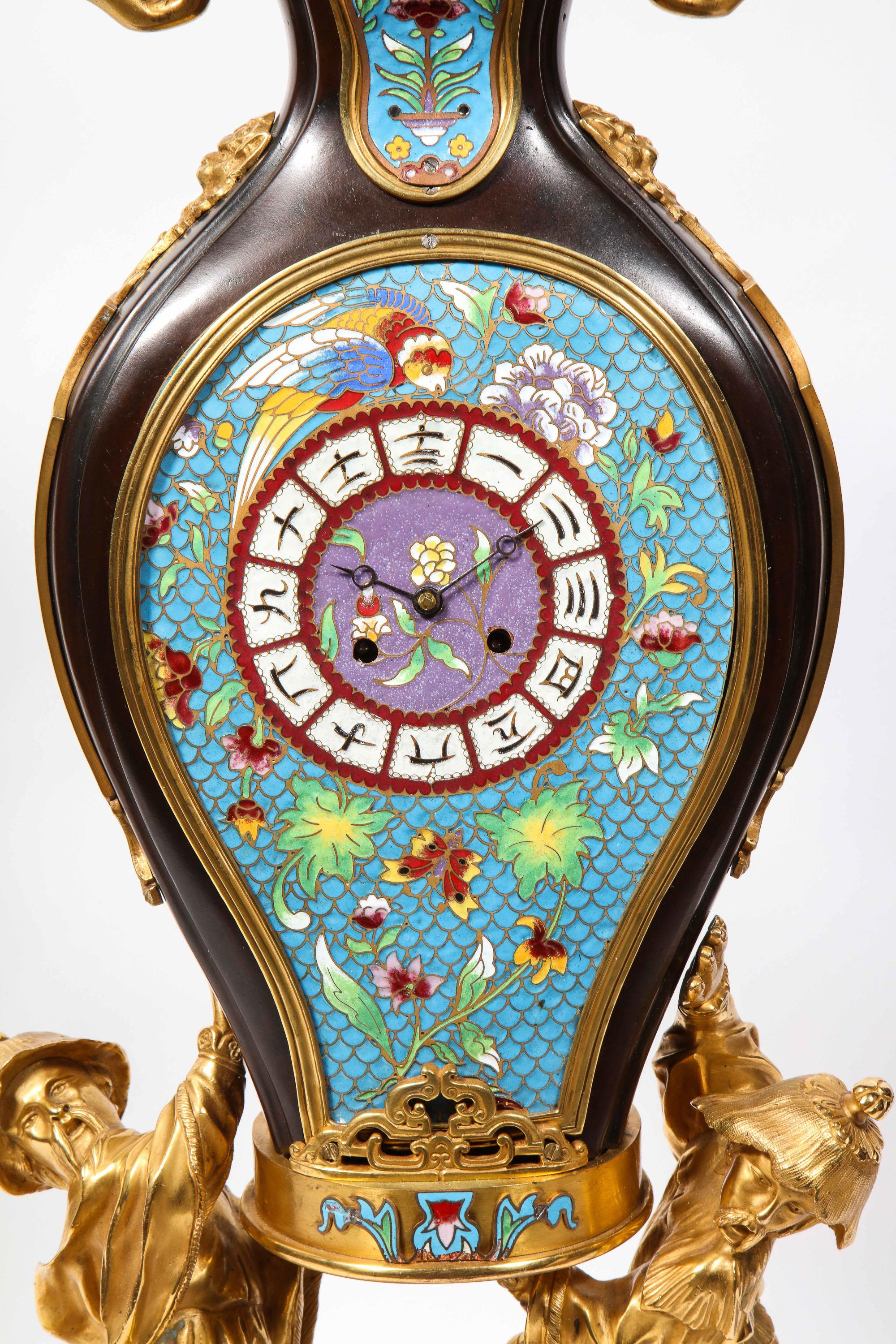 19th Century French Japonisme Ormolu, Patinated Bronze, and Cloisonne Enamel Mantel Clock For Sale