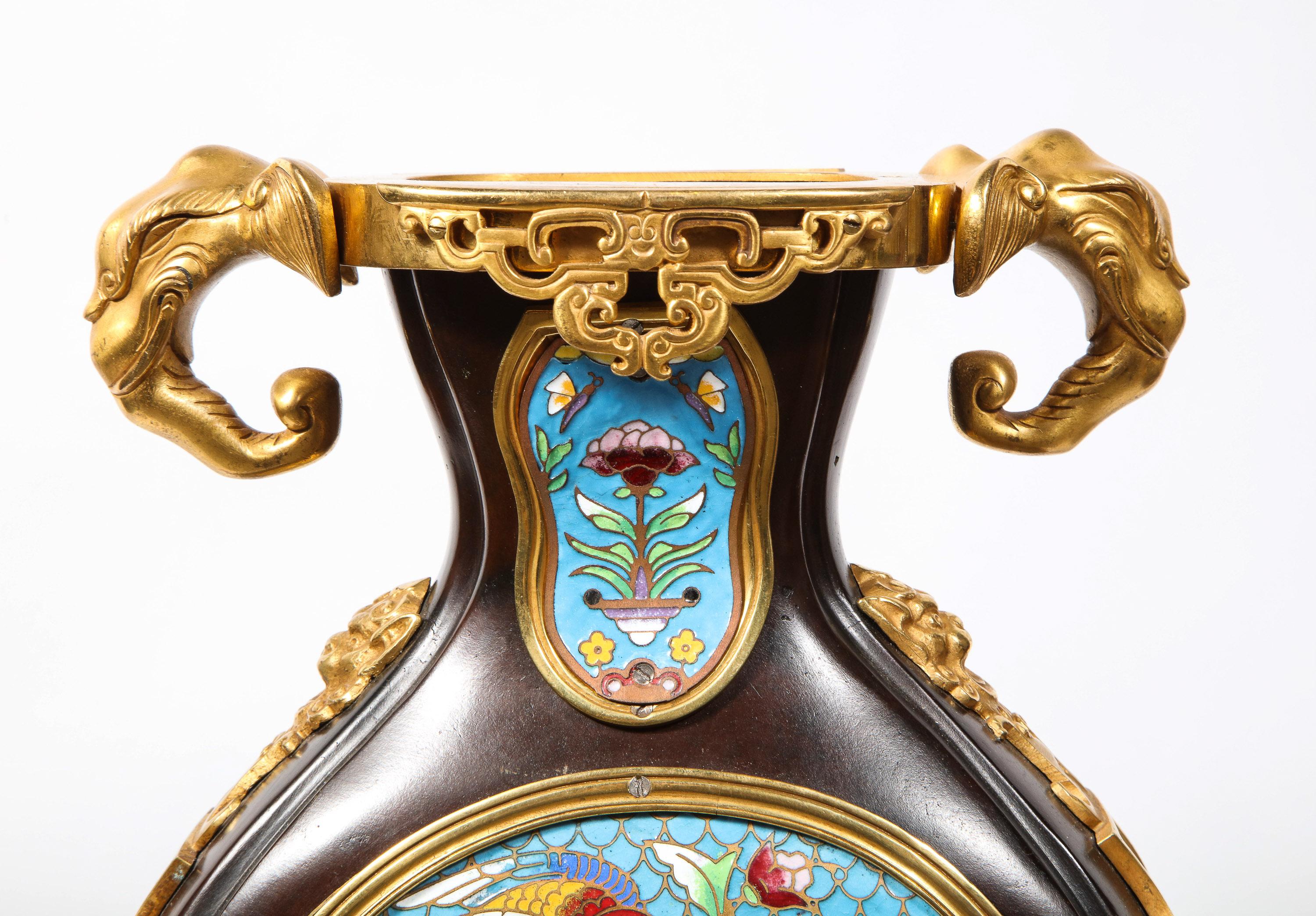 French Japonisme Ormolu, Patinated Bronze, and Cloisonne Enamel Mantel Clock For Sale 1
