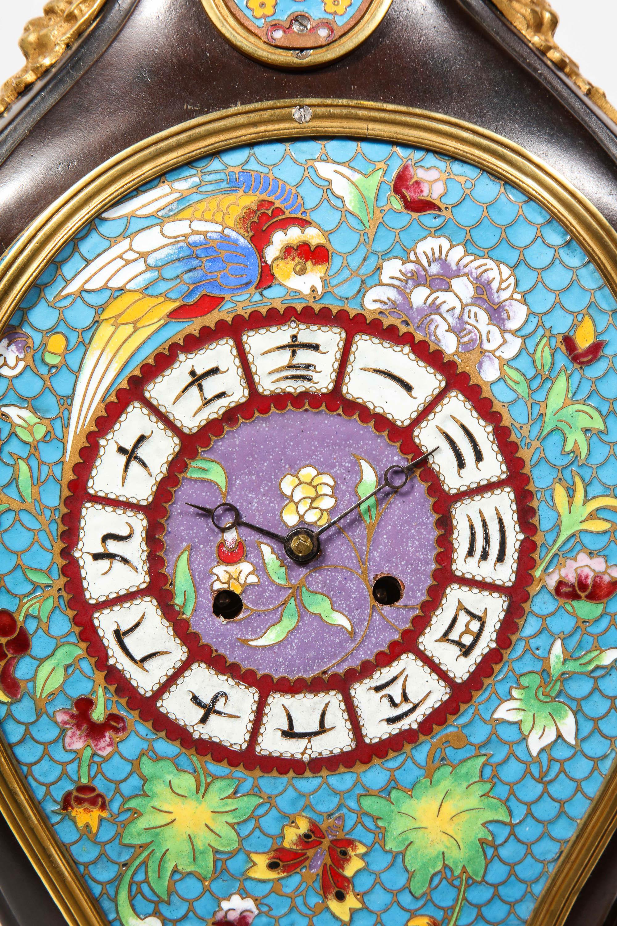 French Japonisme Ormolu, Patinated Bronze, and Cloisonne Enamel Mantel Clock For Sale 2