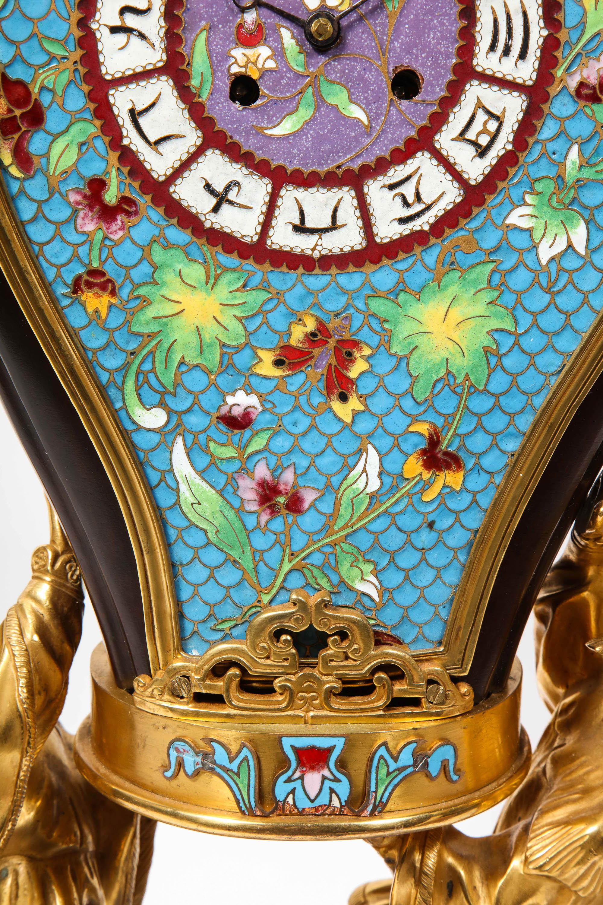 French Japonisme Ormolu, Patinated Bronze, and Cloisonne Enamel Mantel Clock For Sale 3