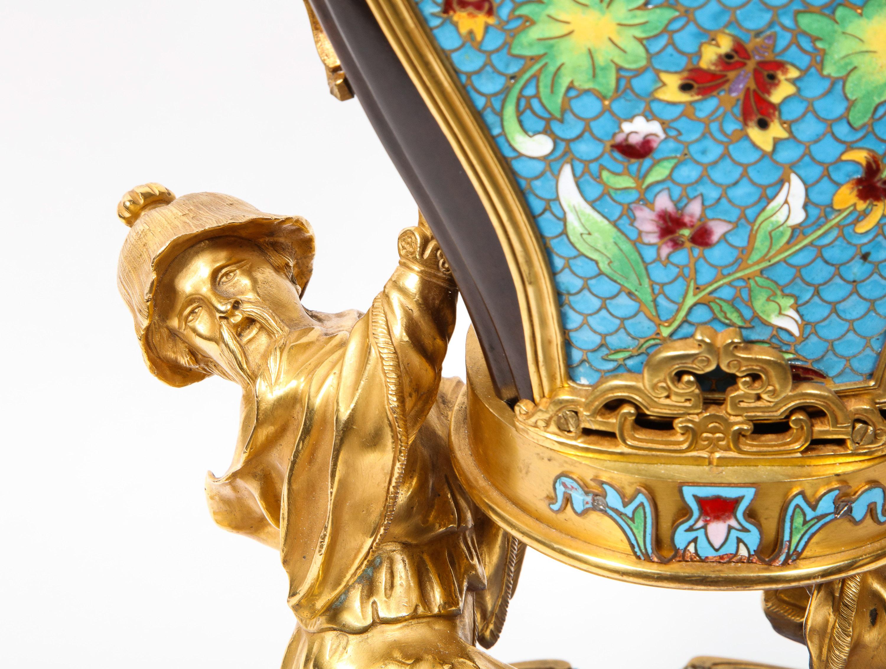 French Japonisme Ormolu, Patinated Bronze, and Cloisonne Enamel Mantel Clock For Sale 5