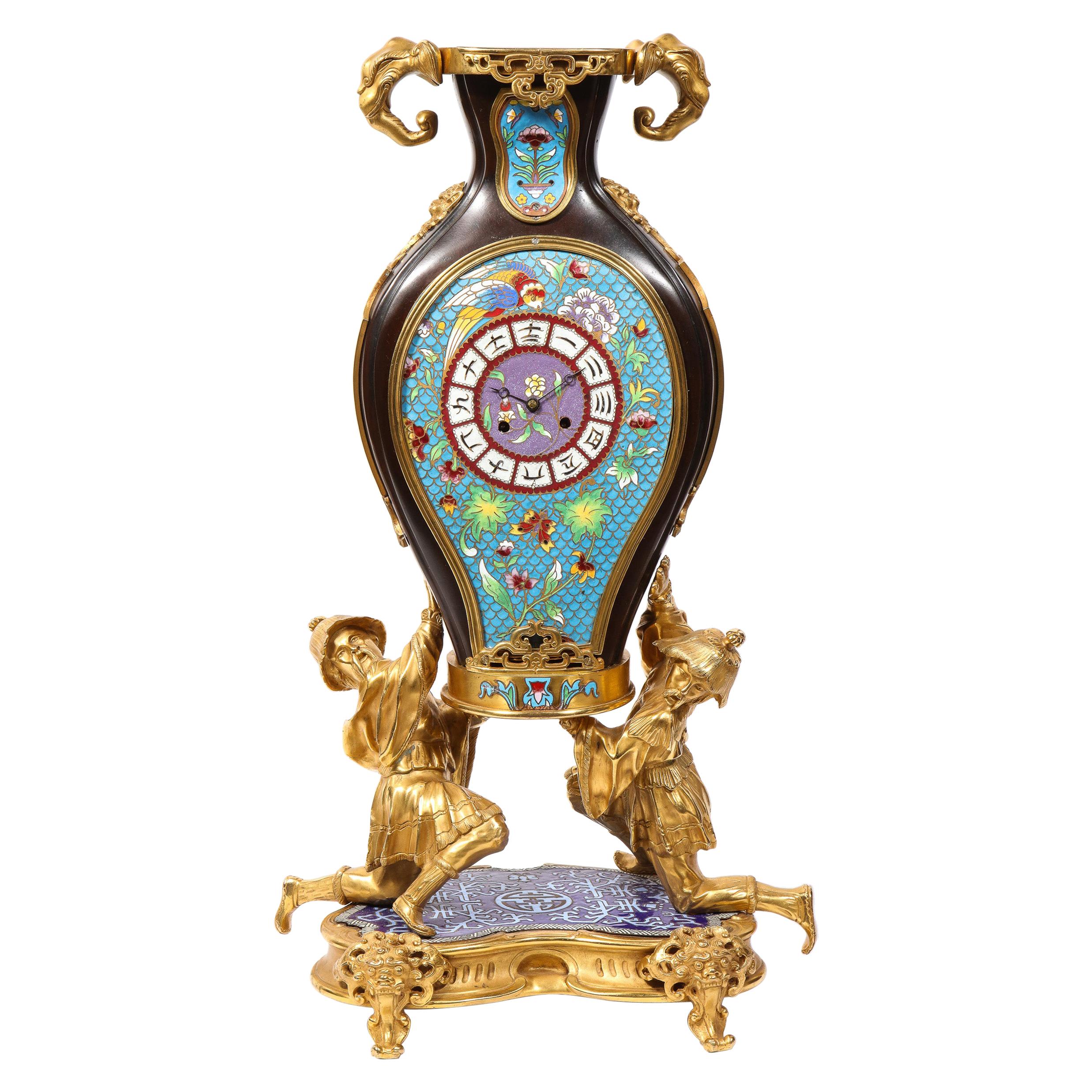 French Japonisme Ormolu, Patinated Bronze, and Cloisonne Enamel Mantel Clock