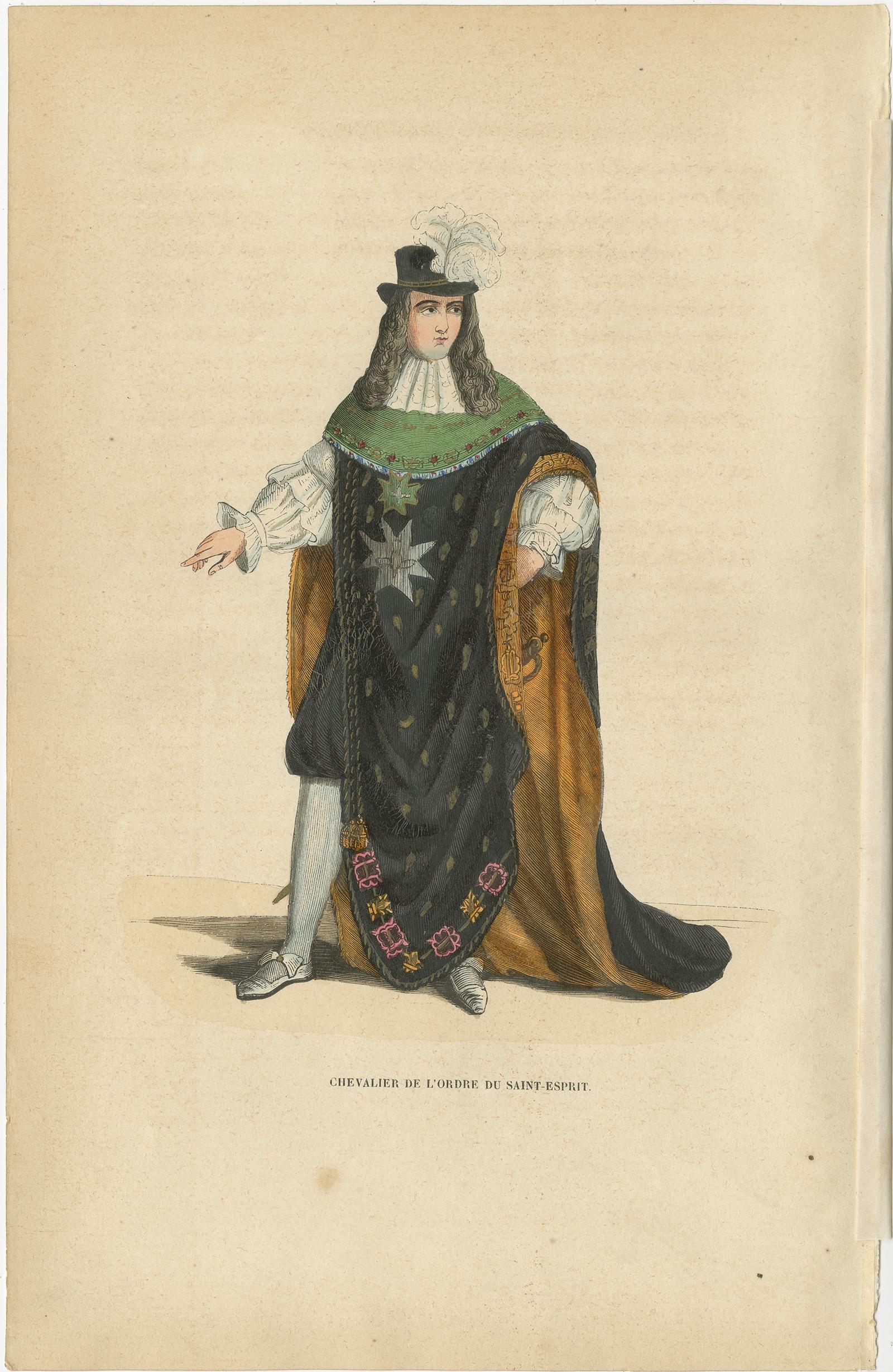 Antique print titled 'Chevalier de l'Ordre du Saint-Esprit'. 

Print of a Knight of the Order of the Holy Spirit in ceremonial robes, French order of chivalry. This print originates from 'Histoire et Costumes des Ordres Religieux'.

Artists and