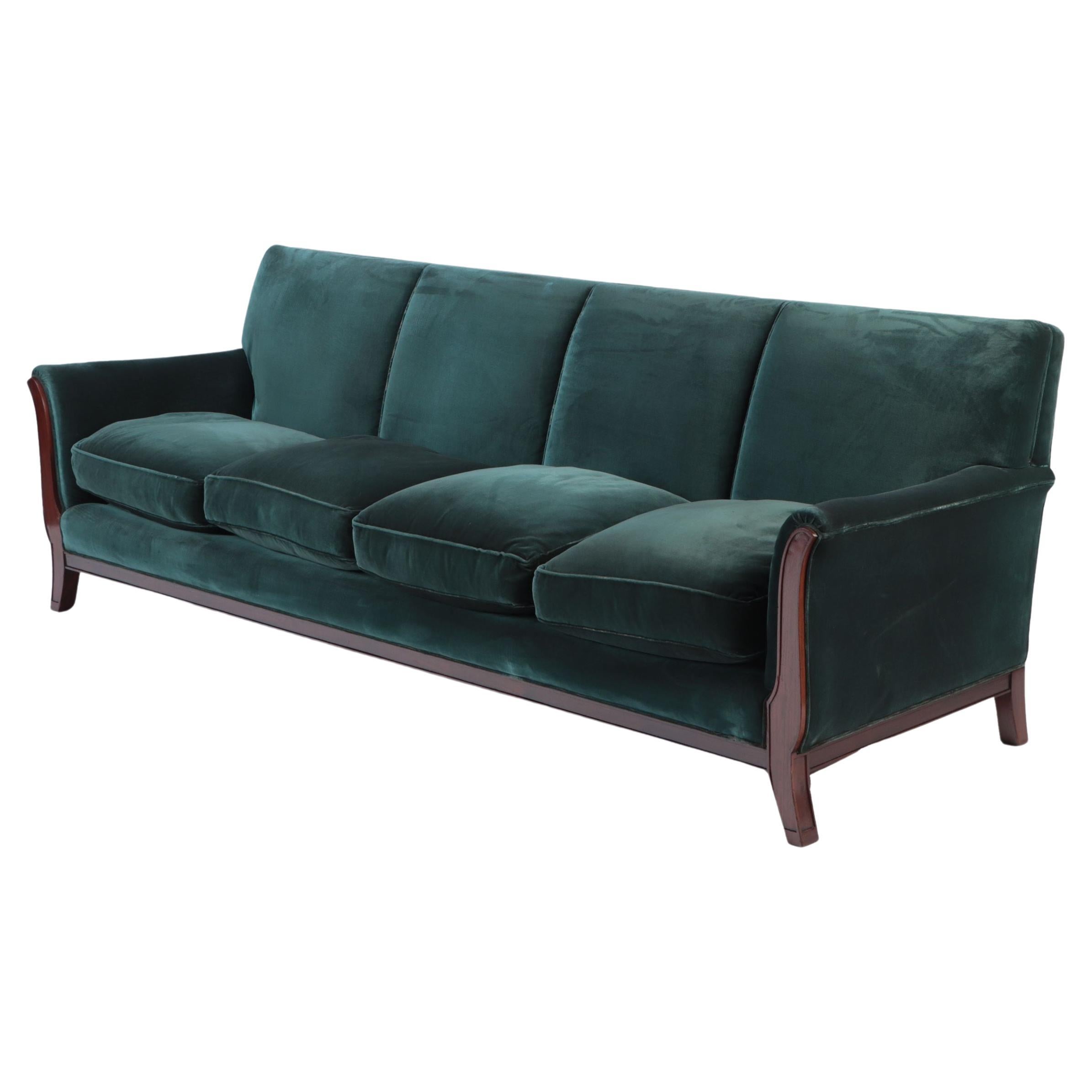 Mid Century Modern French Large Sofa with Green Velvet Upholstery, circa 1945 For Sale