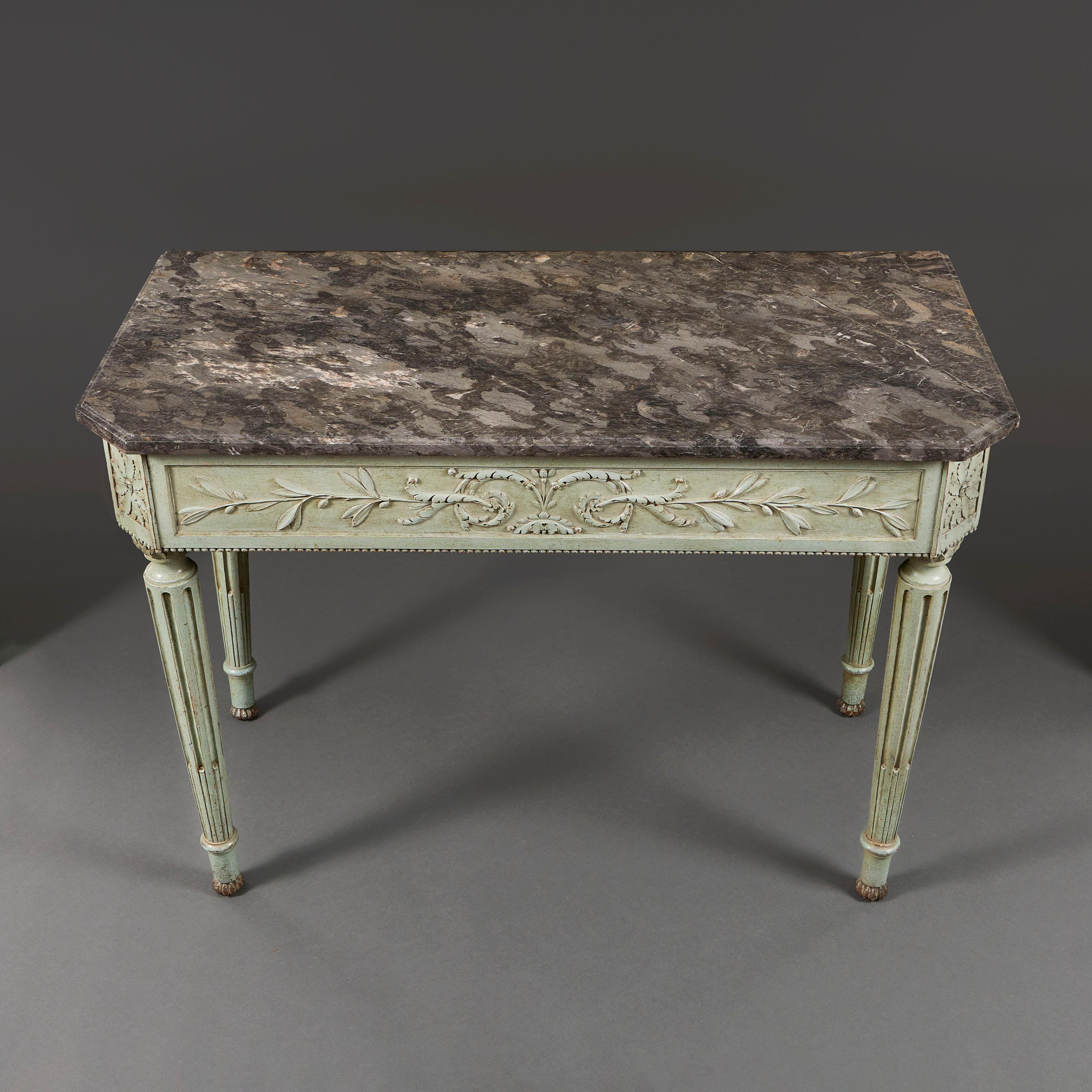 A French Late 18th Century Blue Painted Console Table with Grey Marble Top For Sale 1