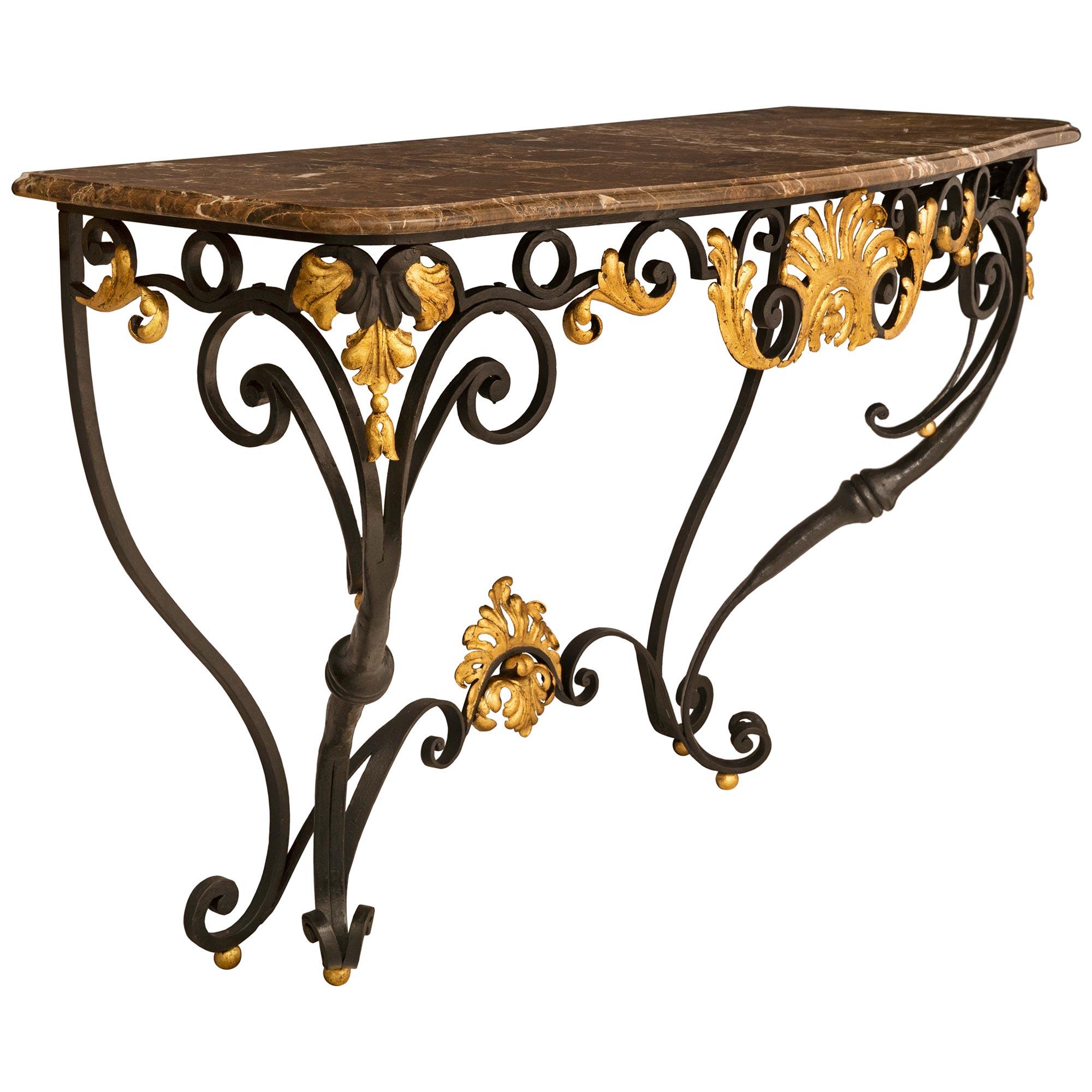 A French late 19th cent Louis XV st. wrought iron, gilt metal and marble console In Good Condition For Sale In West Palm Beach, FL