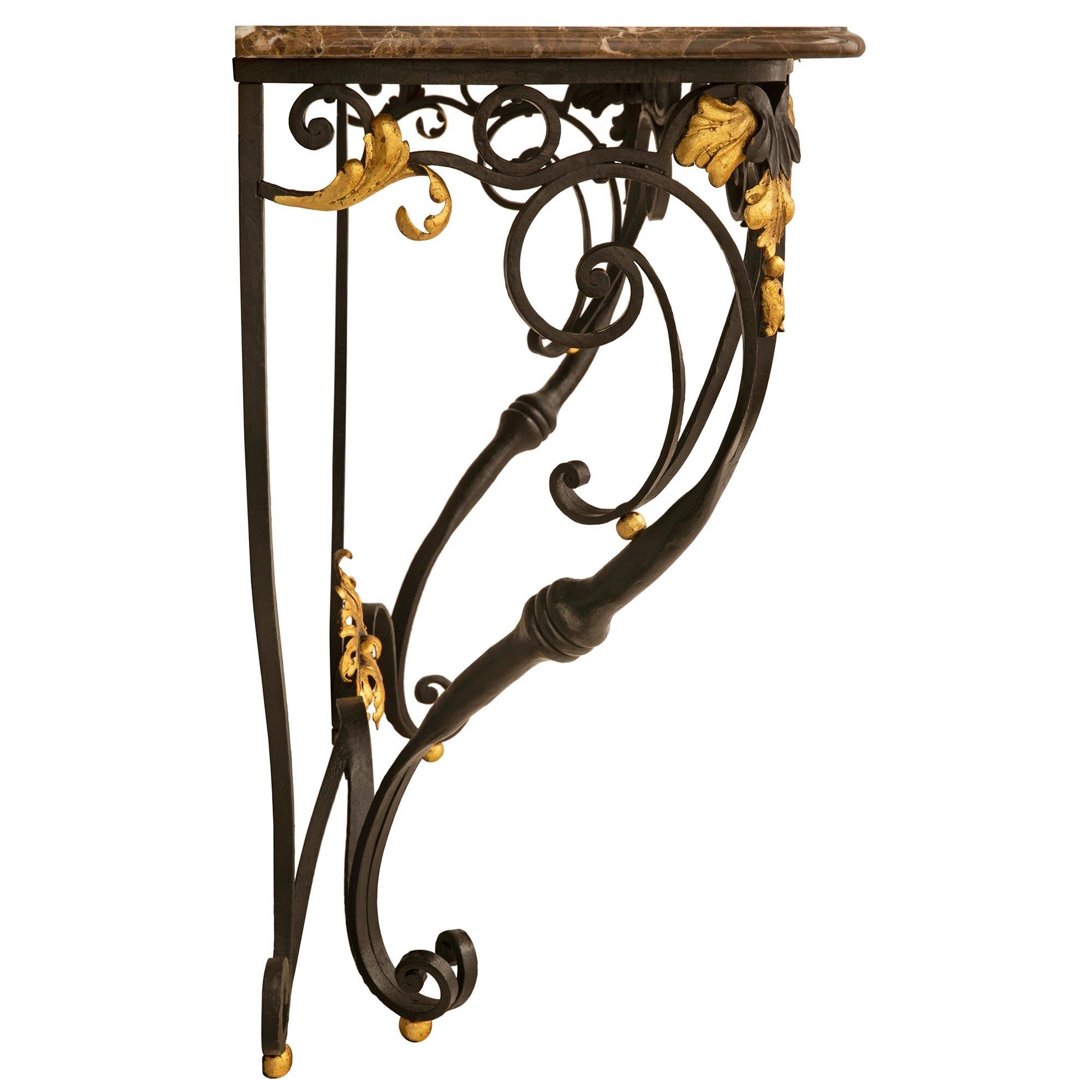 19th Century A French late 19th cent Louis XV st. wrought iron, gilt metal and marble console For Sale