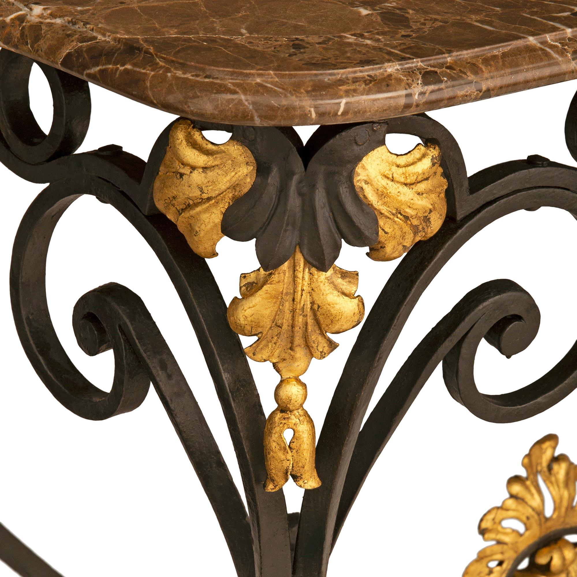 Metal A French late 19th cent Louis XV st. wrought iron, gilt metal and marble console For Sale