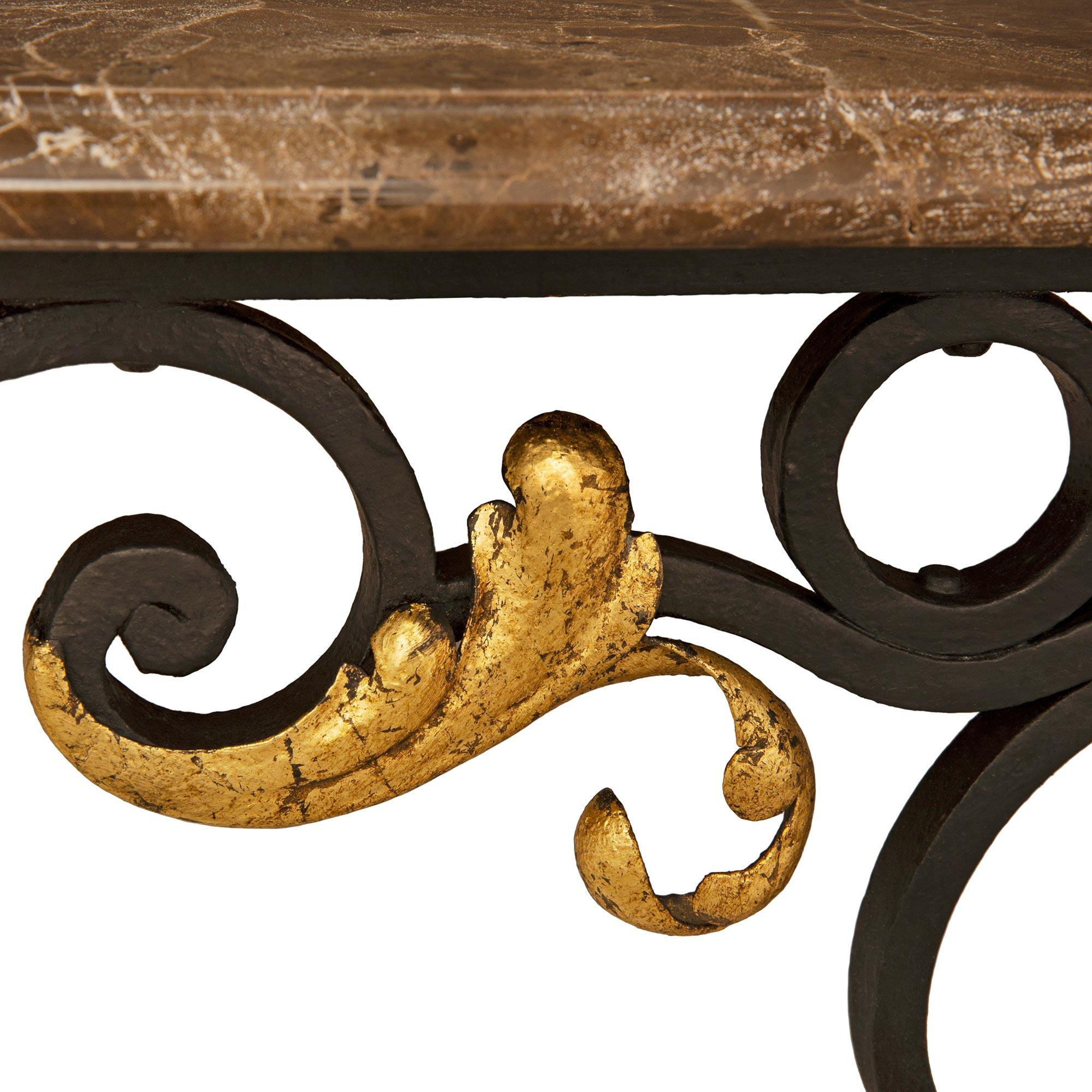 A French late 19th cent Louis XV st. wrought iron, gilt metal and marble console For Sale 2