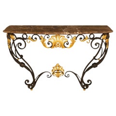 Antique A French late 19th cent Louis XV st. wrought iron, gilt metal and marble console