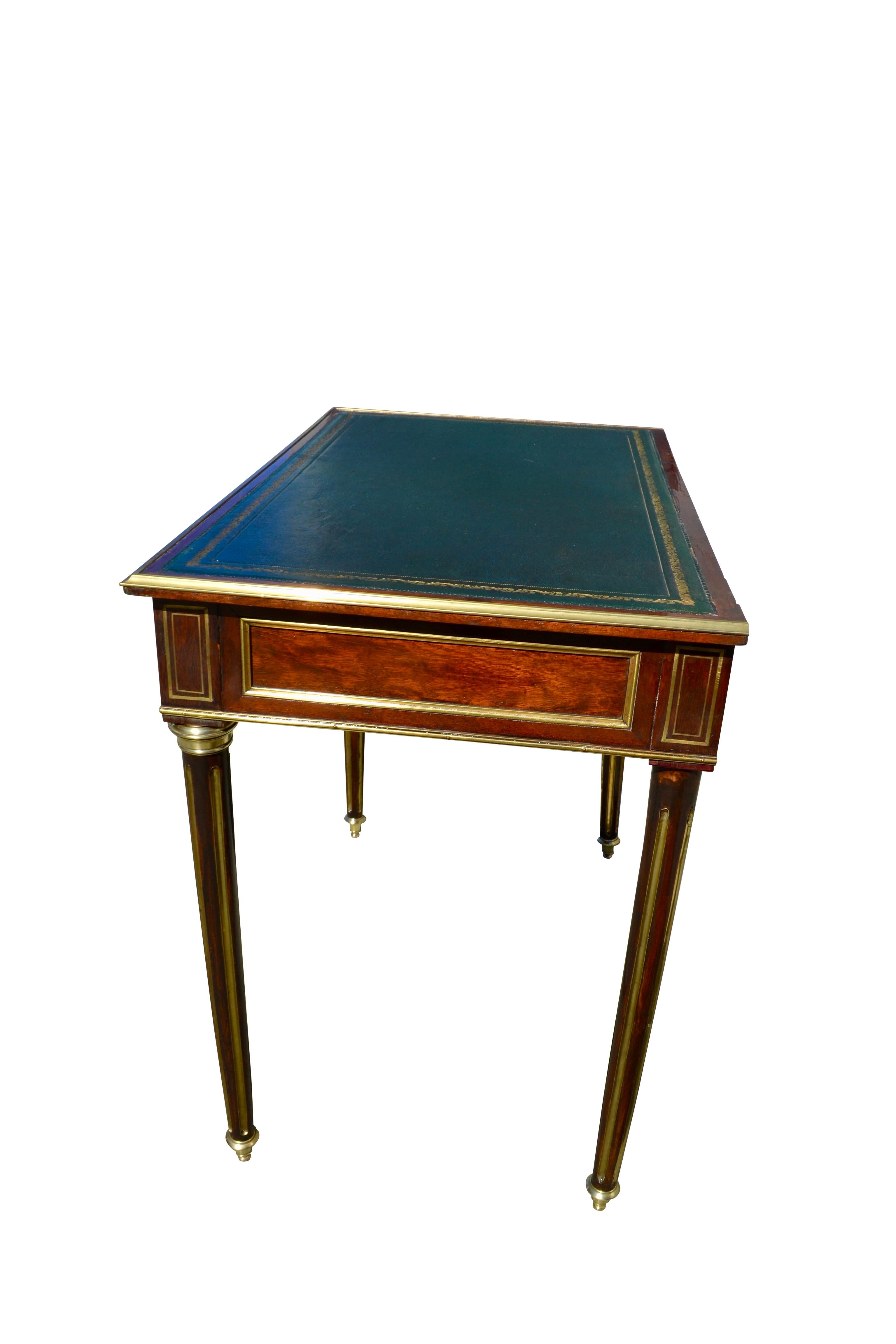 Hand-Crafted French Late 19thc Louis XVI Style Mahogany Brass Trimmed Writing Desk/Console For Sale