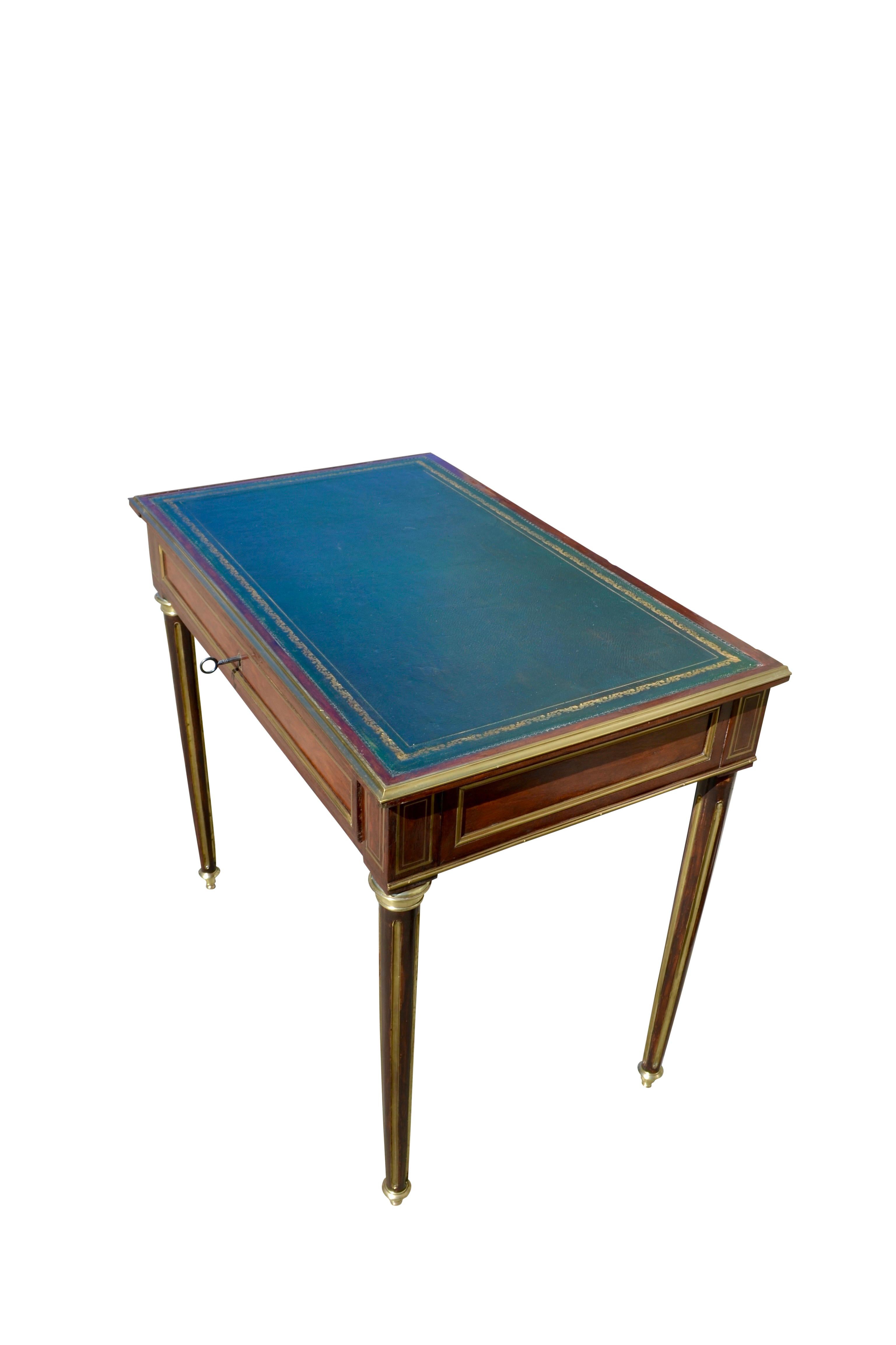 19th Century French Late 19thc Louis XVI Style Mahogany Brass Trimmed Writing Desk/Console For Sale