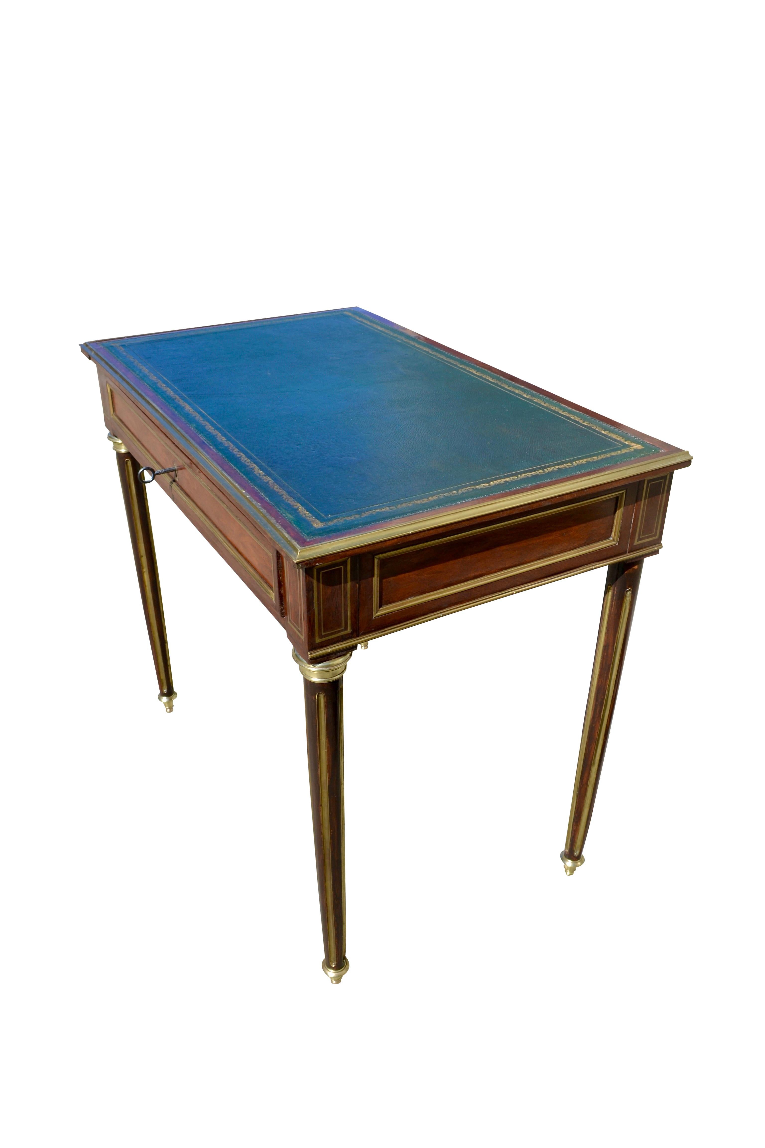 French Late 19thc Louis XVI Style Mahogany Brass Trimmed Writing Desk/Console For Sale 1