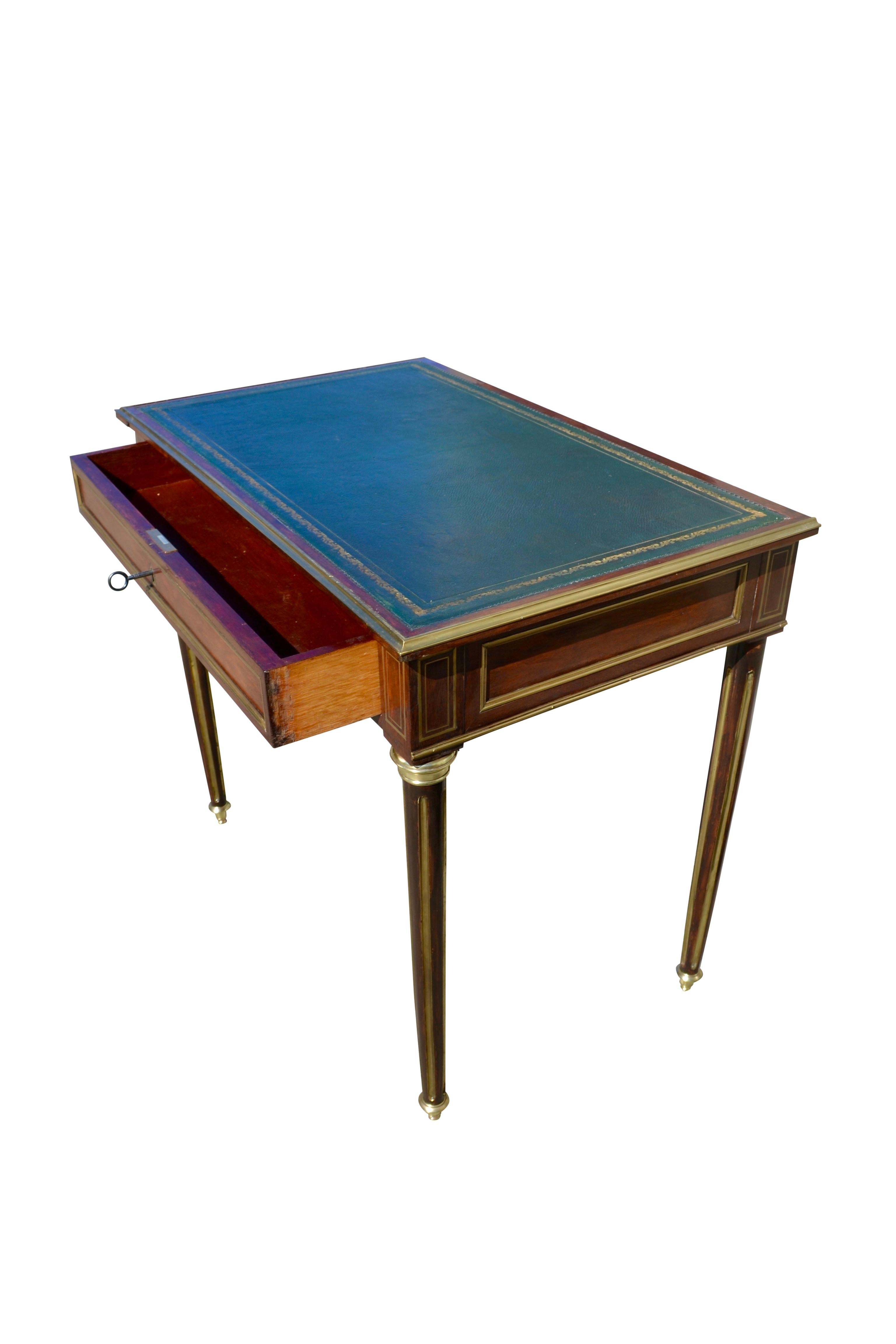 French Late 19thc Louis XVI Style Mahogany Brass Trimmed Writing Desk/Console For Sale 4