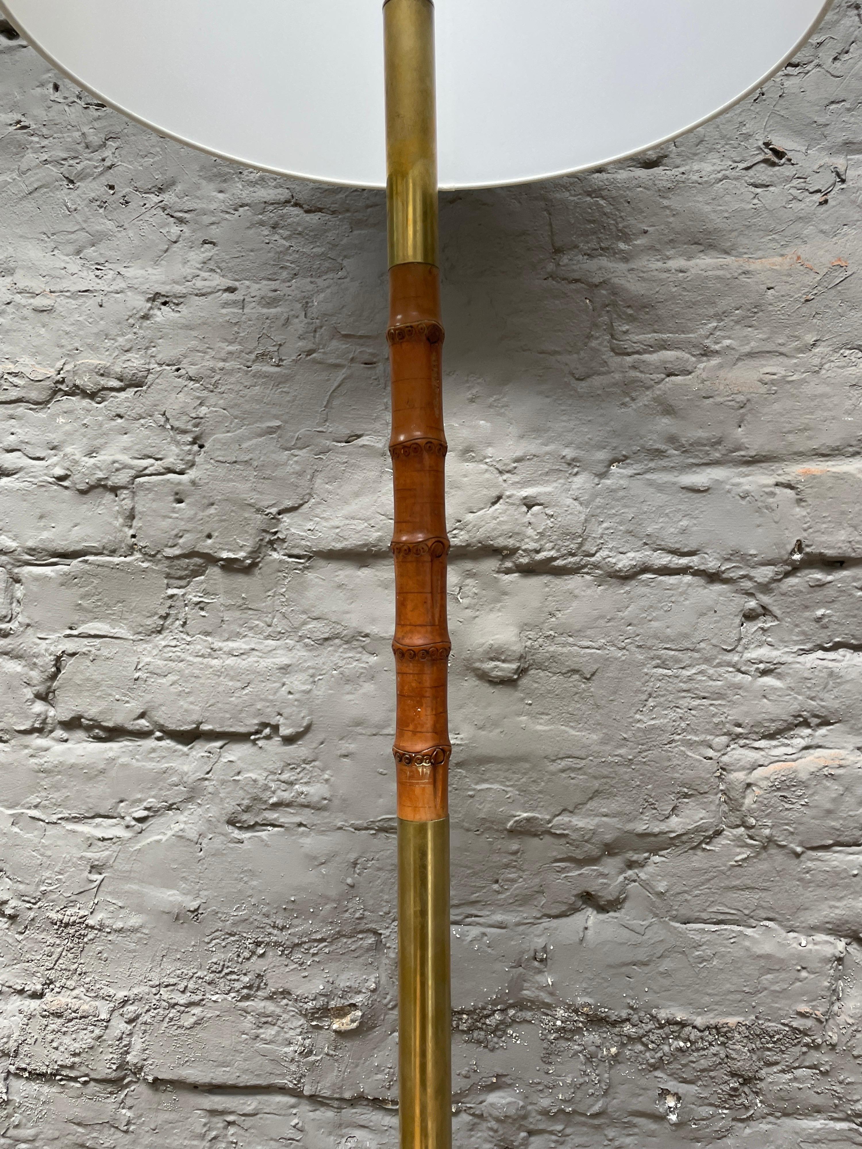 French Leather and Brass Faux Bamboo Floor Lamp In Good Condition In London, GB