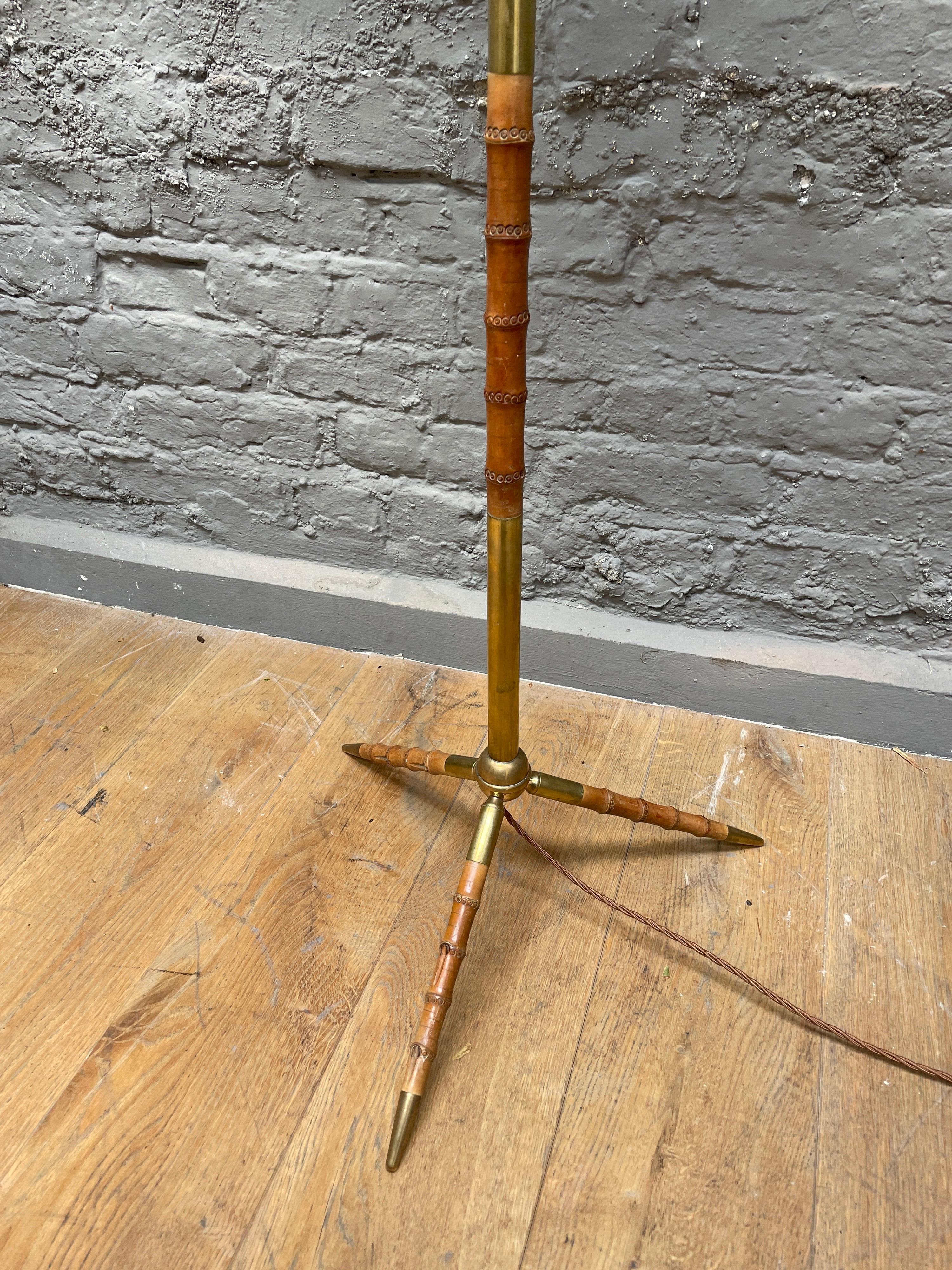 20th Century French Leather and Brass Faux Bamboo Floor Lamp