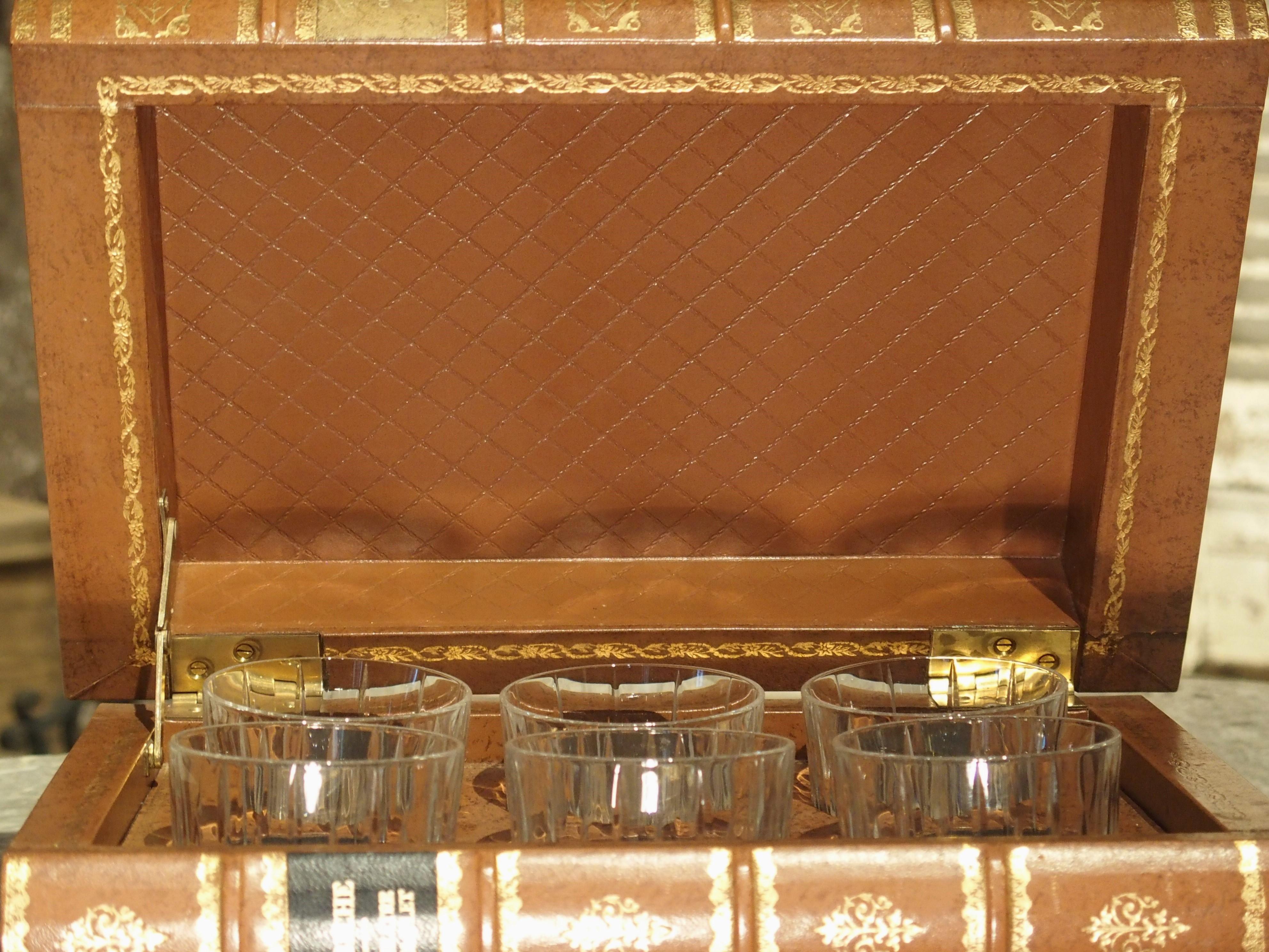Brass French Leather Bound Book Form Whiskey Set with Crystal Glasses, 20th Century