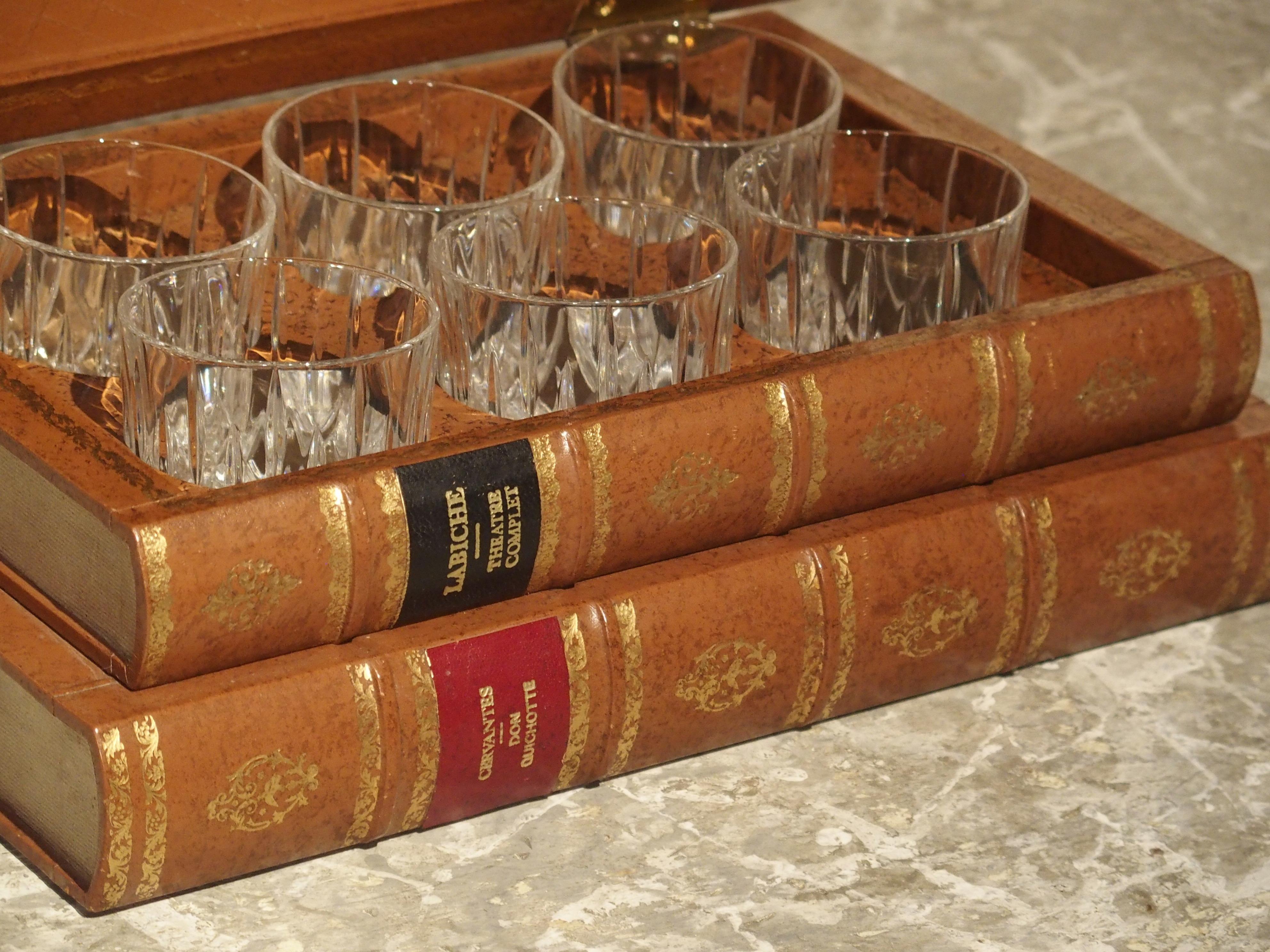French Leather Bound Book Form Whiskey Set with Crystal Glasses, 20th Century 4
