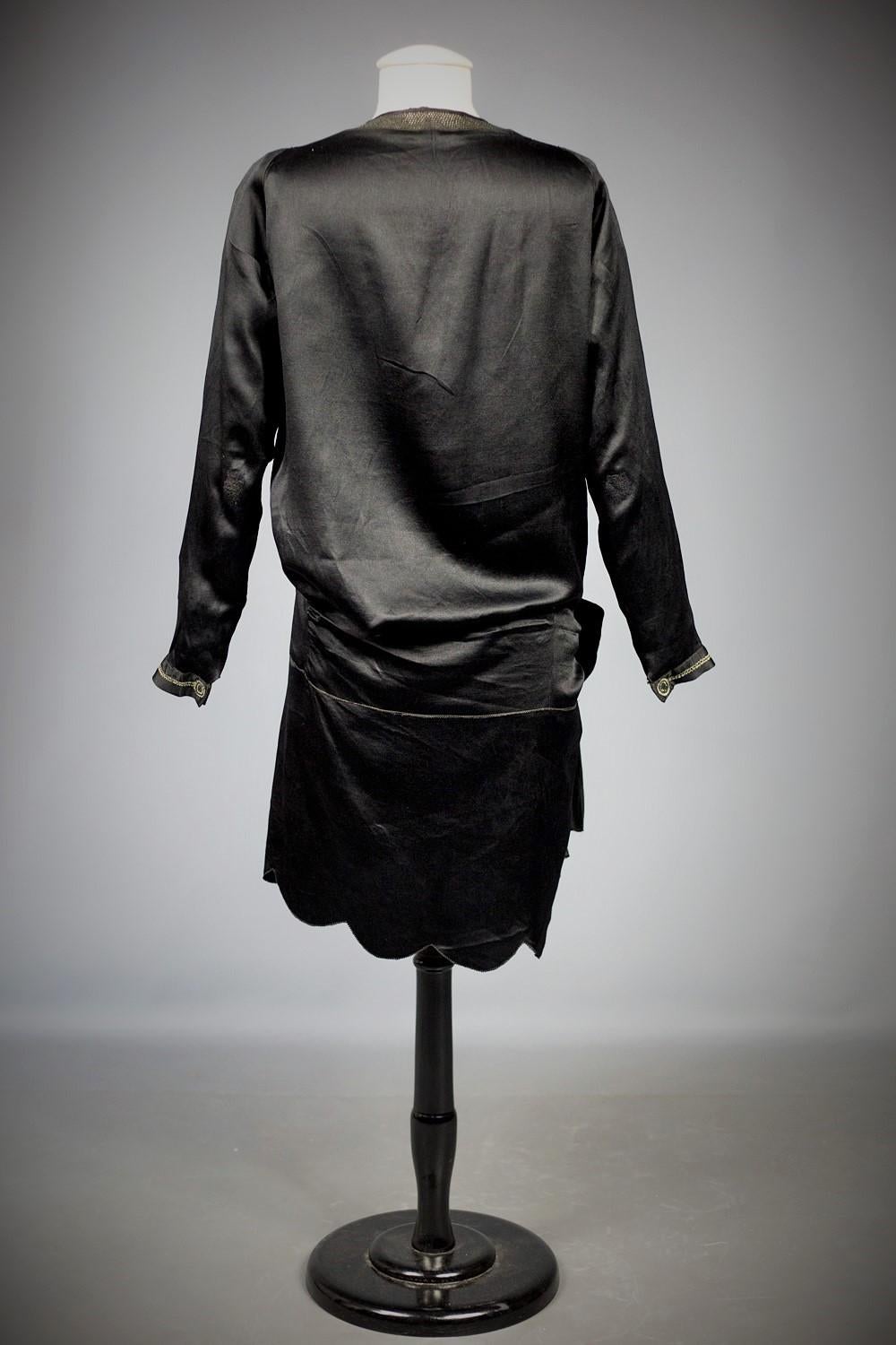 A French Little black Couture Dress in embroidered Duchesse satin Circa 1920 For Sale 9