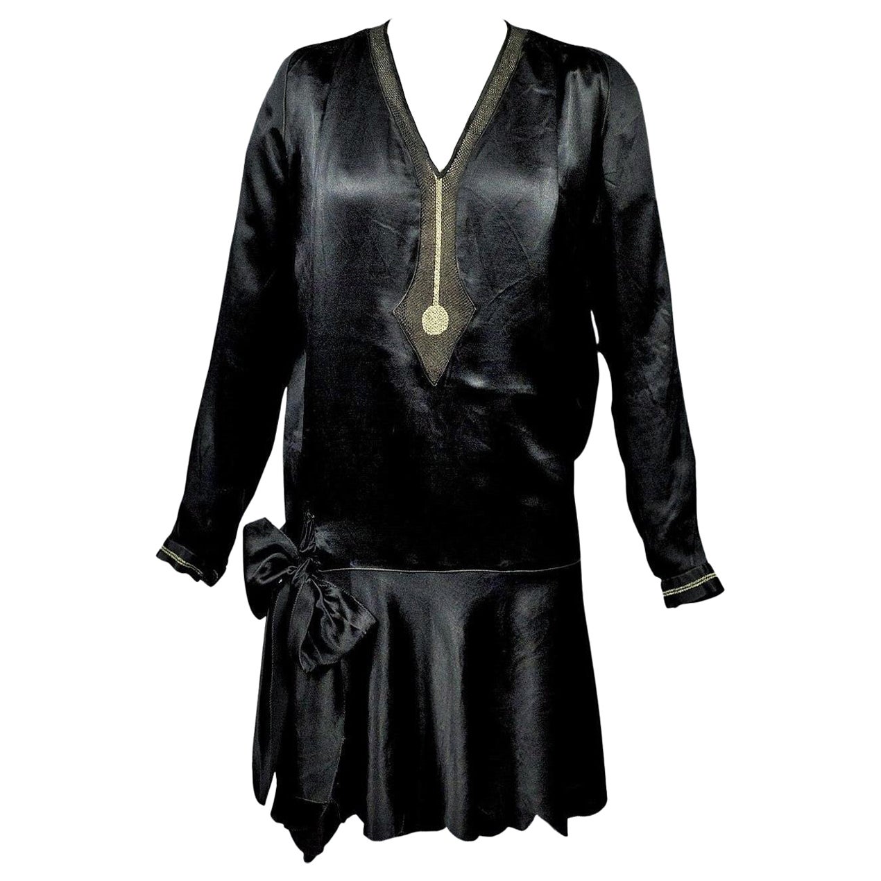 A French Little black Couture Dress in embroidered Duchesse satin Circa 1920 For Sale