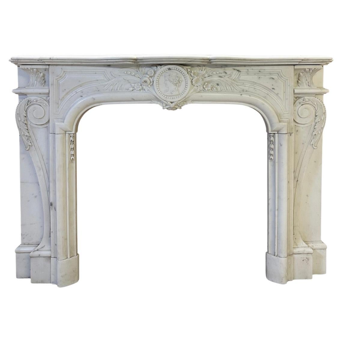 A French Louis XIV Style Antique Statuary White Marble Fireplace Mantel
