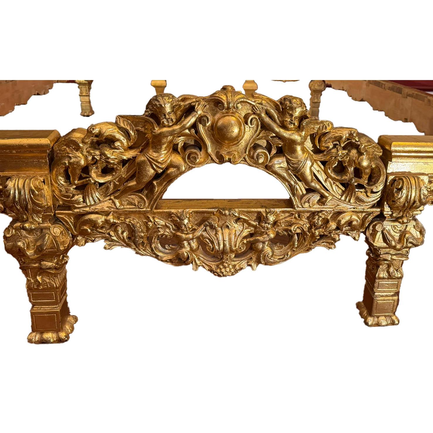 A French Louis XIX/XV Style Giltwood Carved Figural Queen-Size Bed with Cherubs For Sale 6