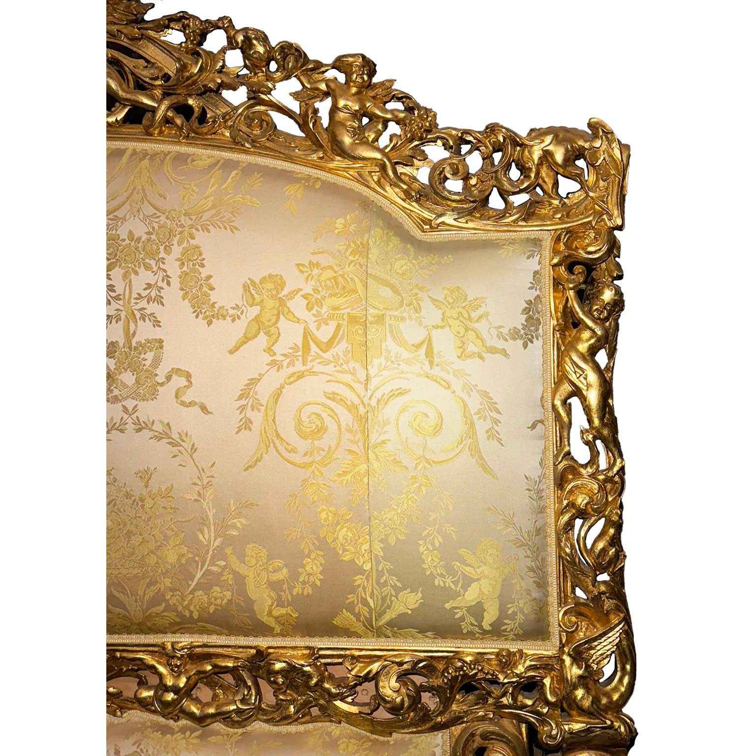 Silk A French Louis XIX/XV Style Giltwood Carved Figural Queen-Size Bed with Cherubs For Sale