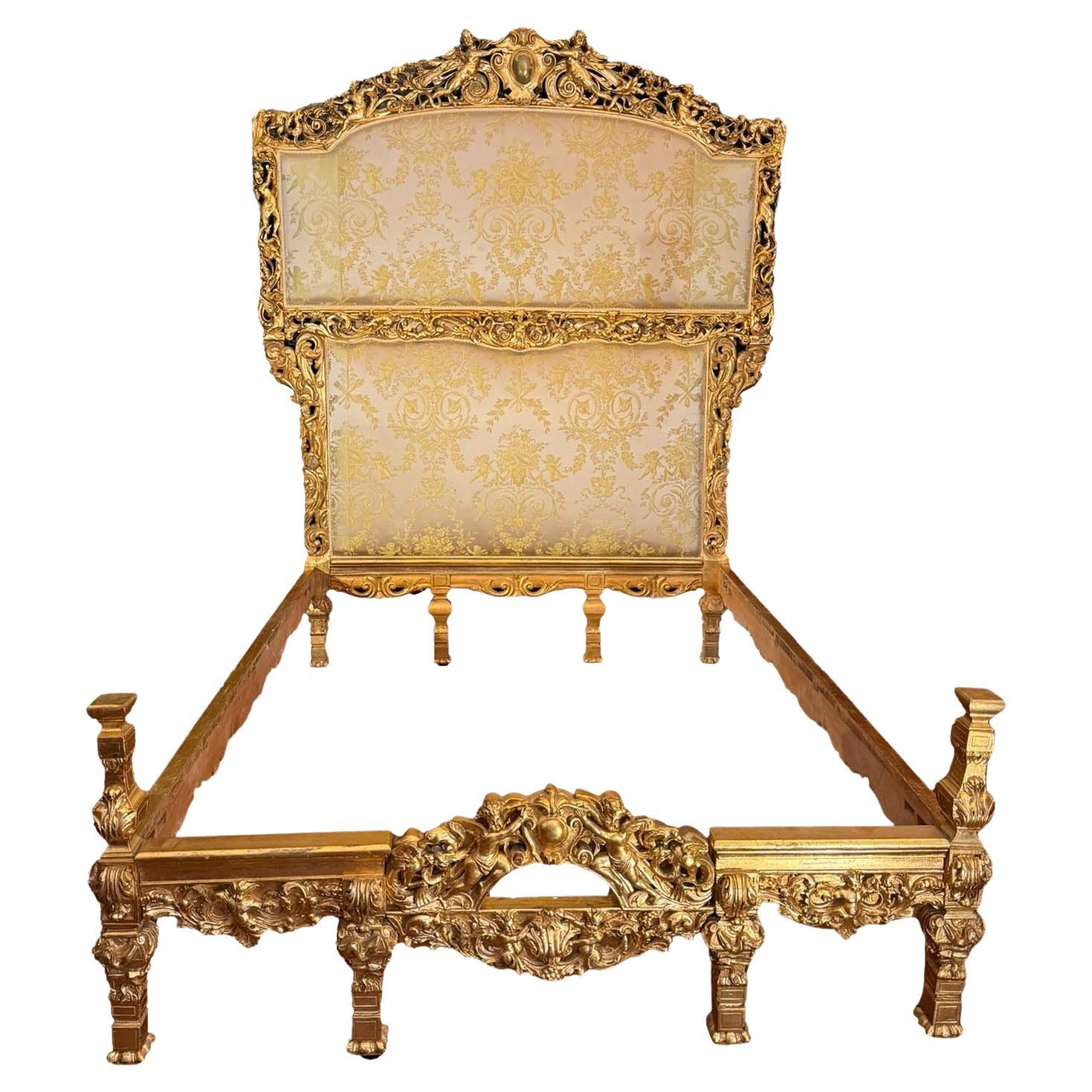 A French Louis XIX/XV Style Giltwood Carved Figural Queen-Size Bed with Cherubs