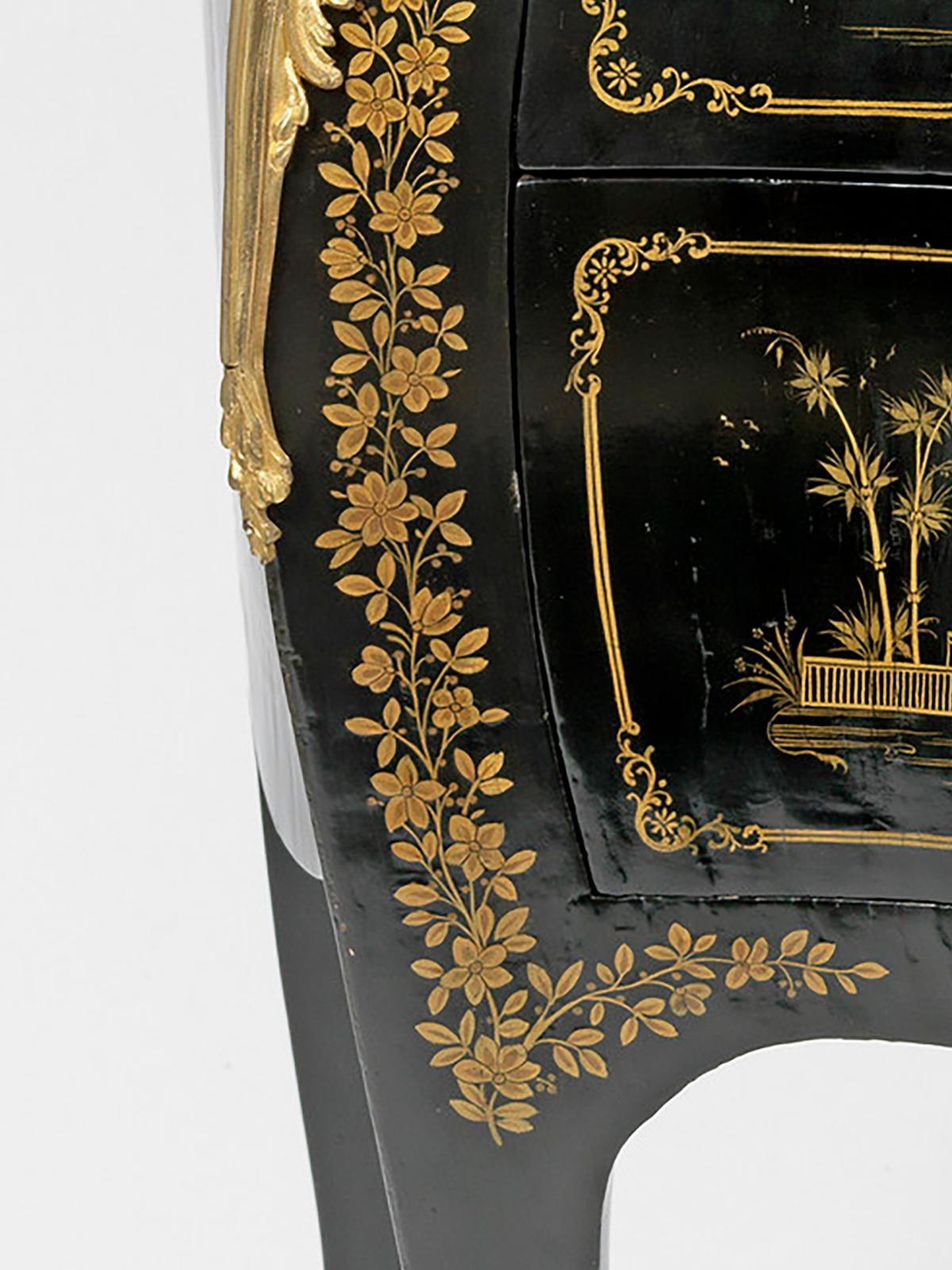 18th Century French Louis XV Ormolu-Mounted Black Vernis Martin Commode, Stamped Wolff For Sale