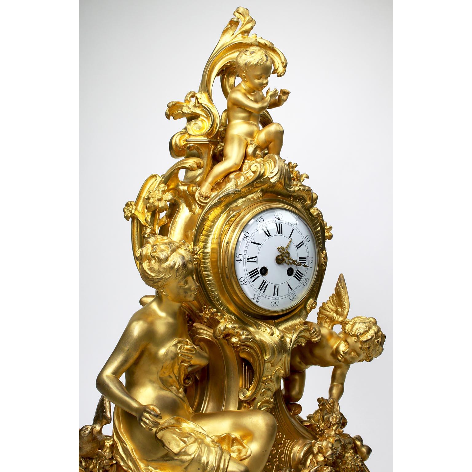 French Louis XV Style 19th Century Gilt-Bronze Cherub & Maiden Mantel Clock For Sale 14