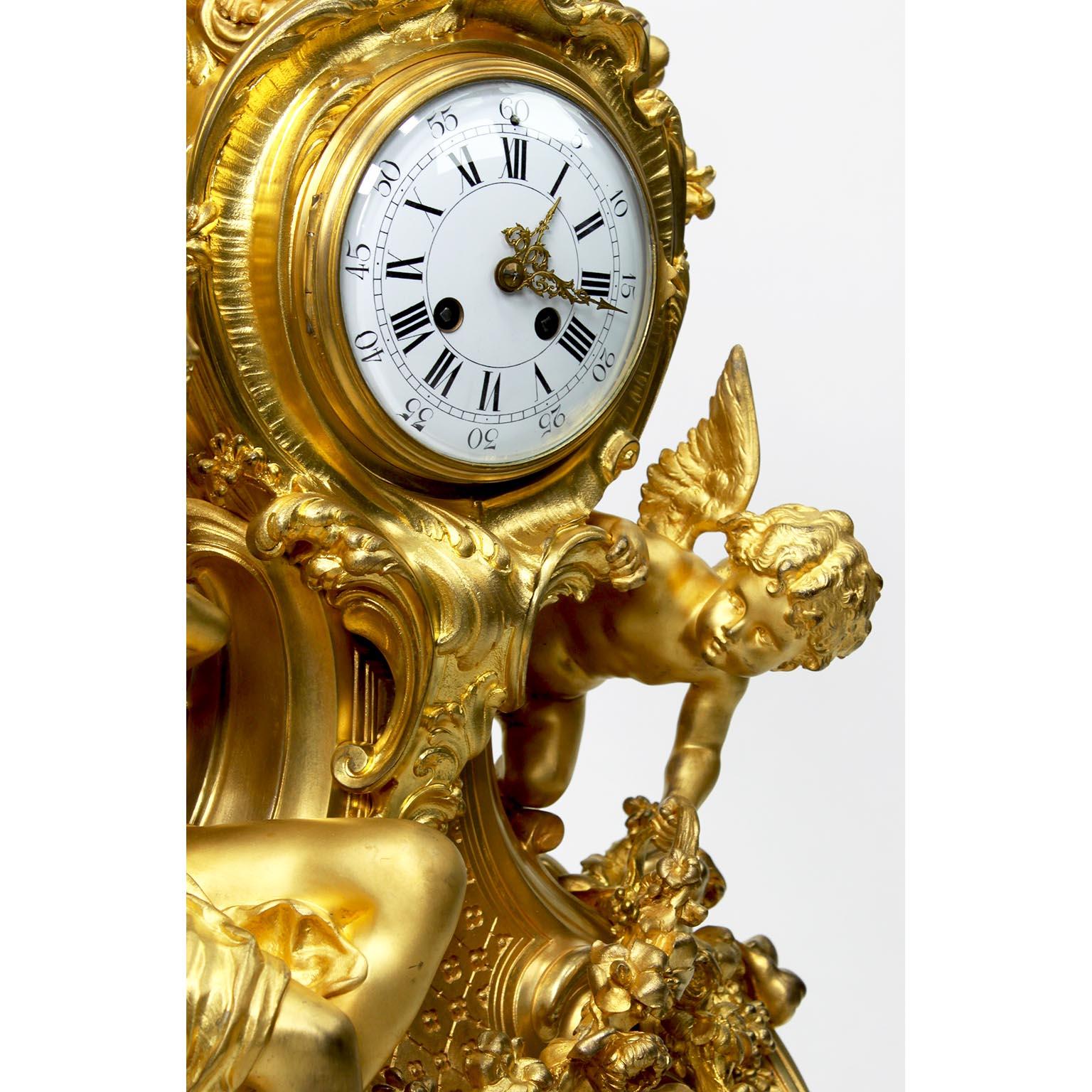 French Louis XV Style 19th Century Gilt-Bronze Cherub & Maiden Mantel Clock For Sale 15
