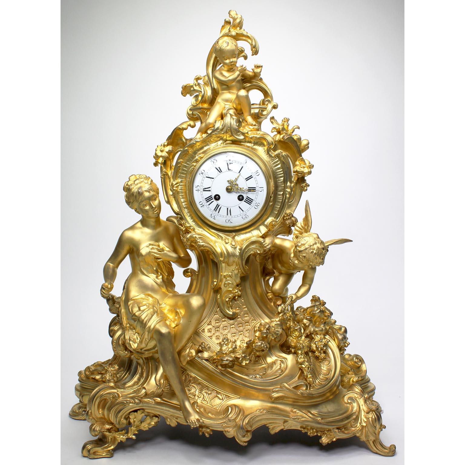 An Important and Palatial French Louis XV Style 19th century Gilt-Bronze Cherub and Maiden Mantel Clock 