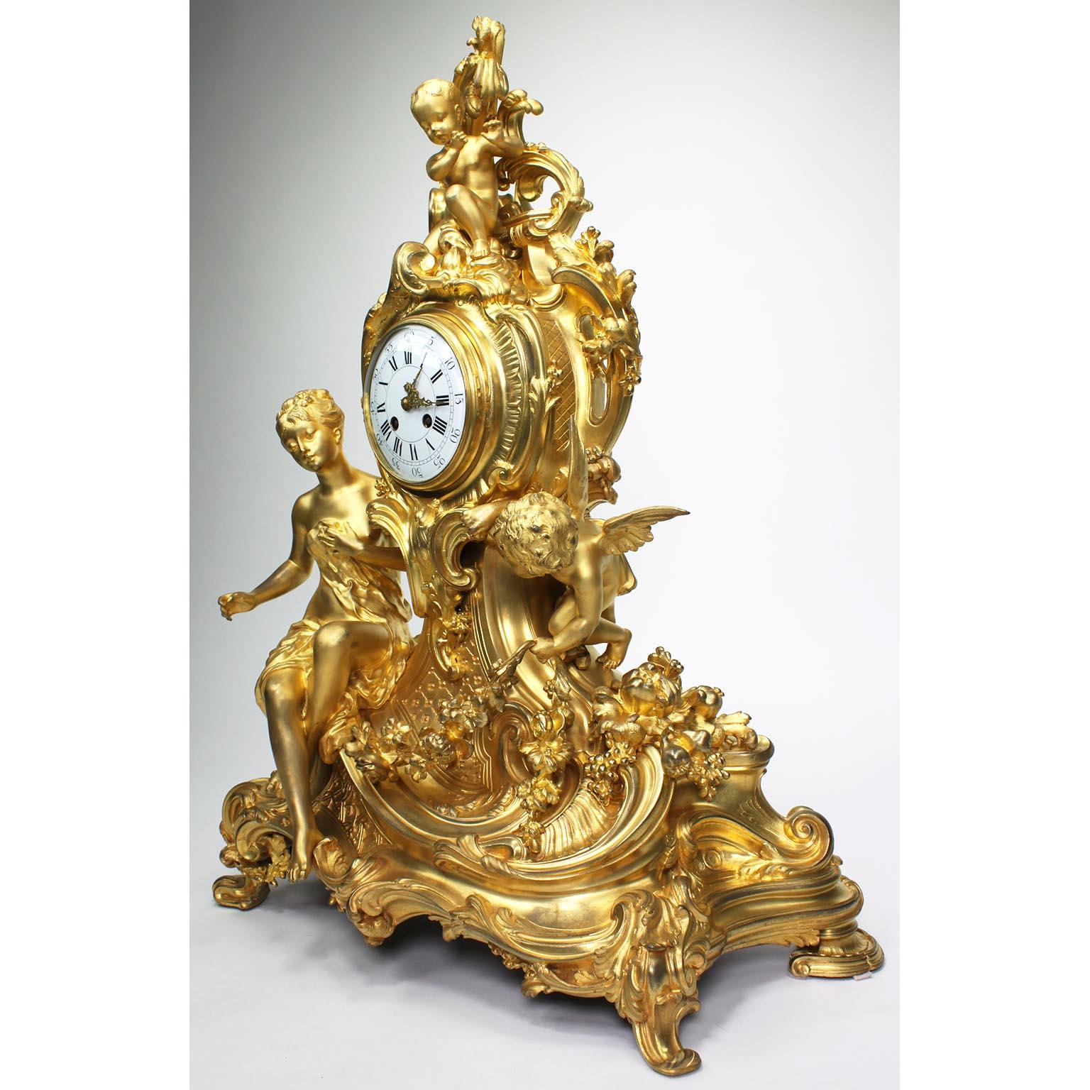 Enameled French Louis XV Style 19th Century Gilt-Bronze Cherub & Maiden Mantel Clock For Sale