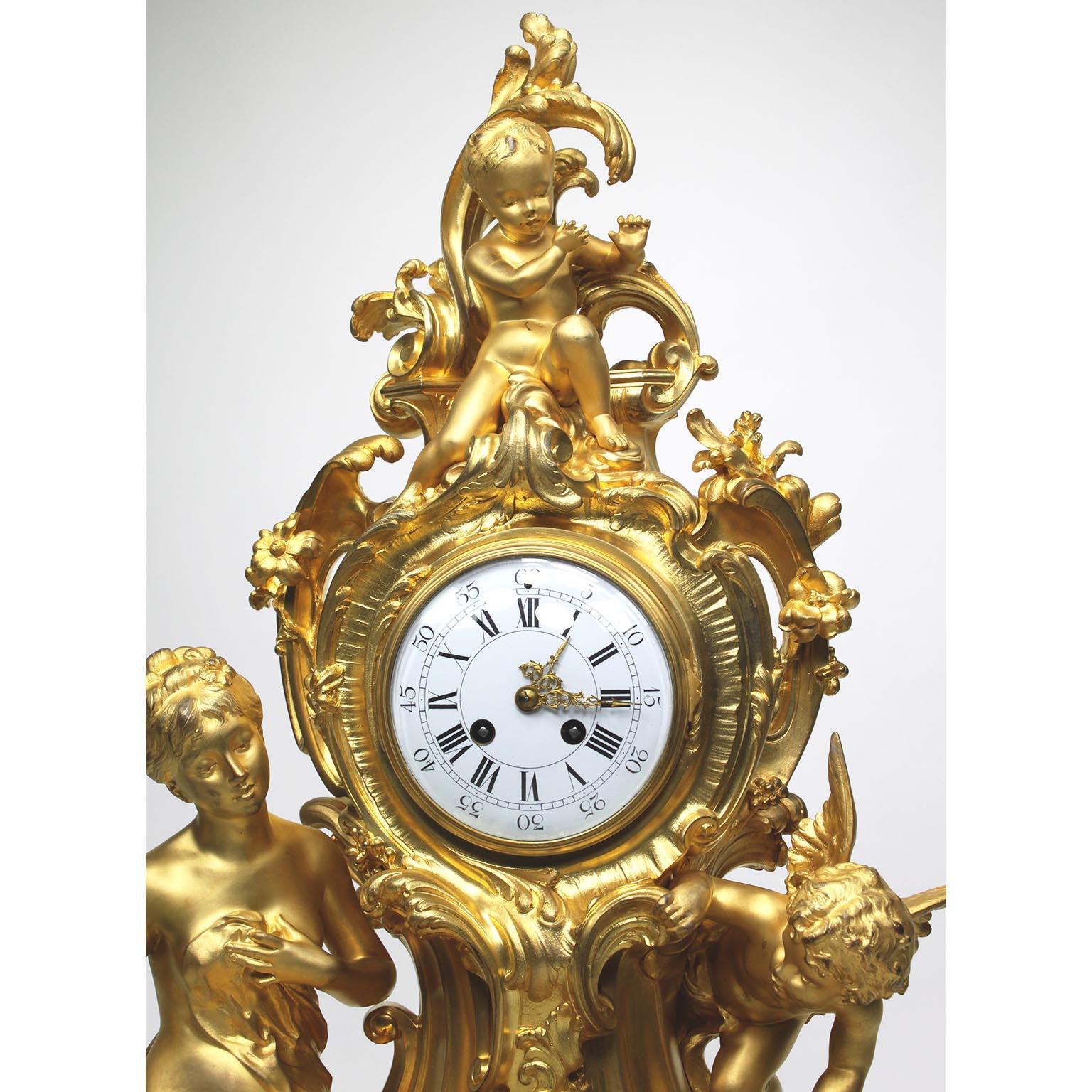 French Louis XV Style 19th Century Gilt-Bronze Cherub & Maiden Mantel Clock In Good Condition For Sale In Los Angeles, CA
