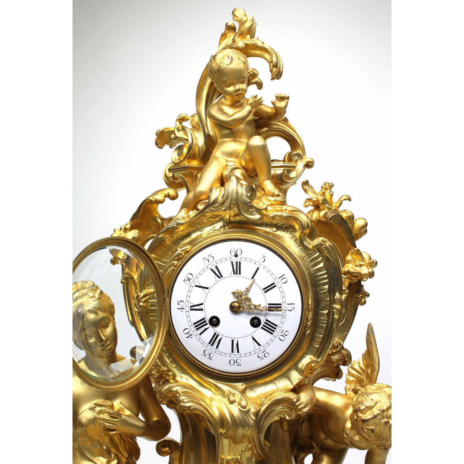 French Louis XV Style 19th Century Gilt-Bronze Cherub & Maiden Mantel Clock For Sale 2