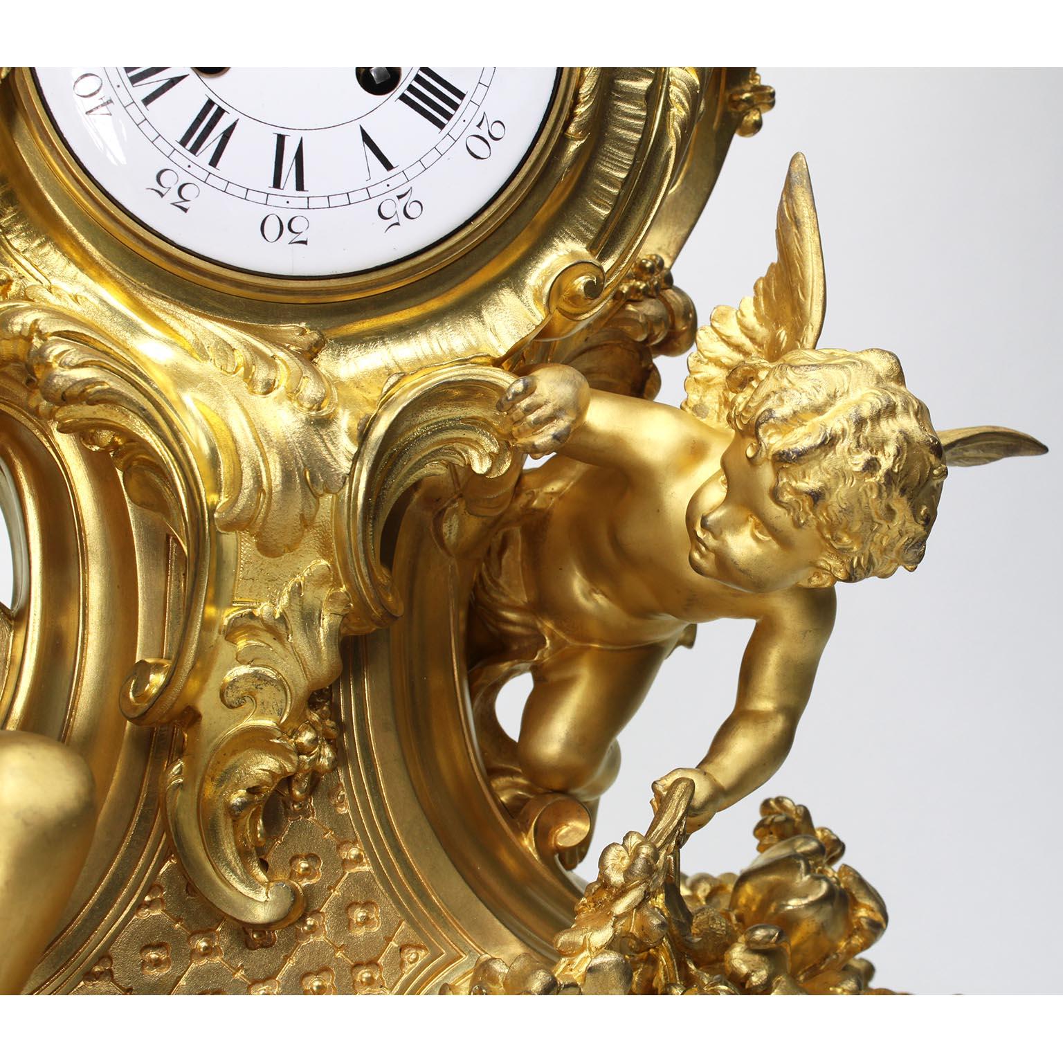 French Louis XV Style 19th Century Gilt-Bronze Cherub & Maiden Mantel Clock For Sale 3