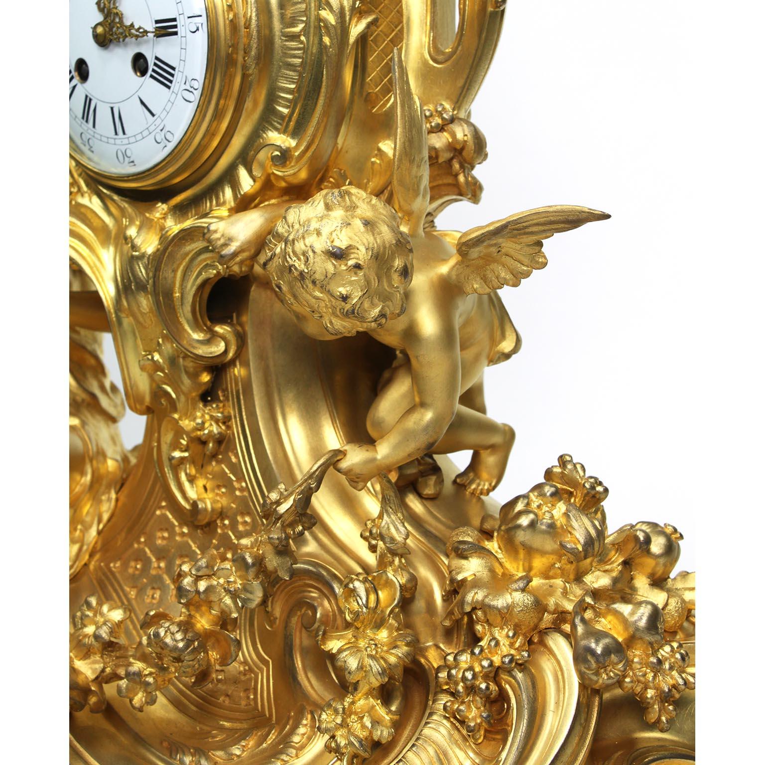 French Louis XV Style 19th Century Gilt-Bronze Cherub & Maiden Mantel Clock For Sale 5