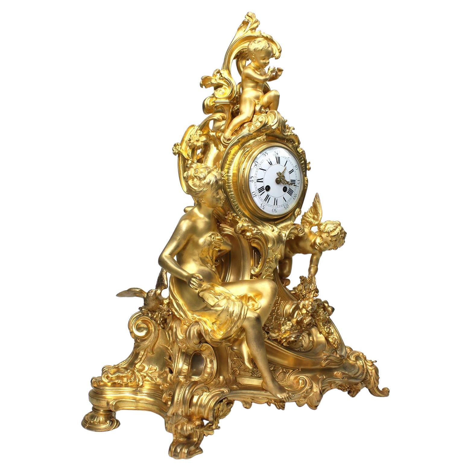 French Louis XV Style 19th Century Gilt-Bronze Cherub & Maiden Mantel Clock For Sale