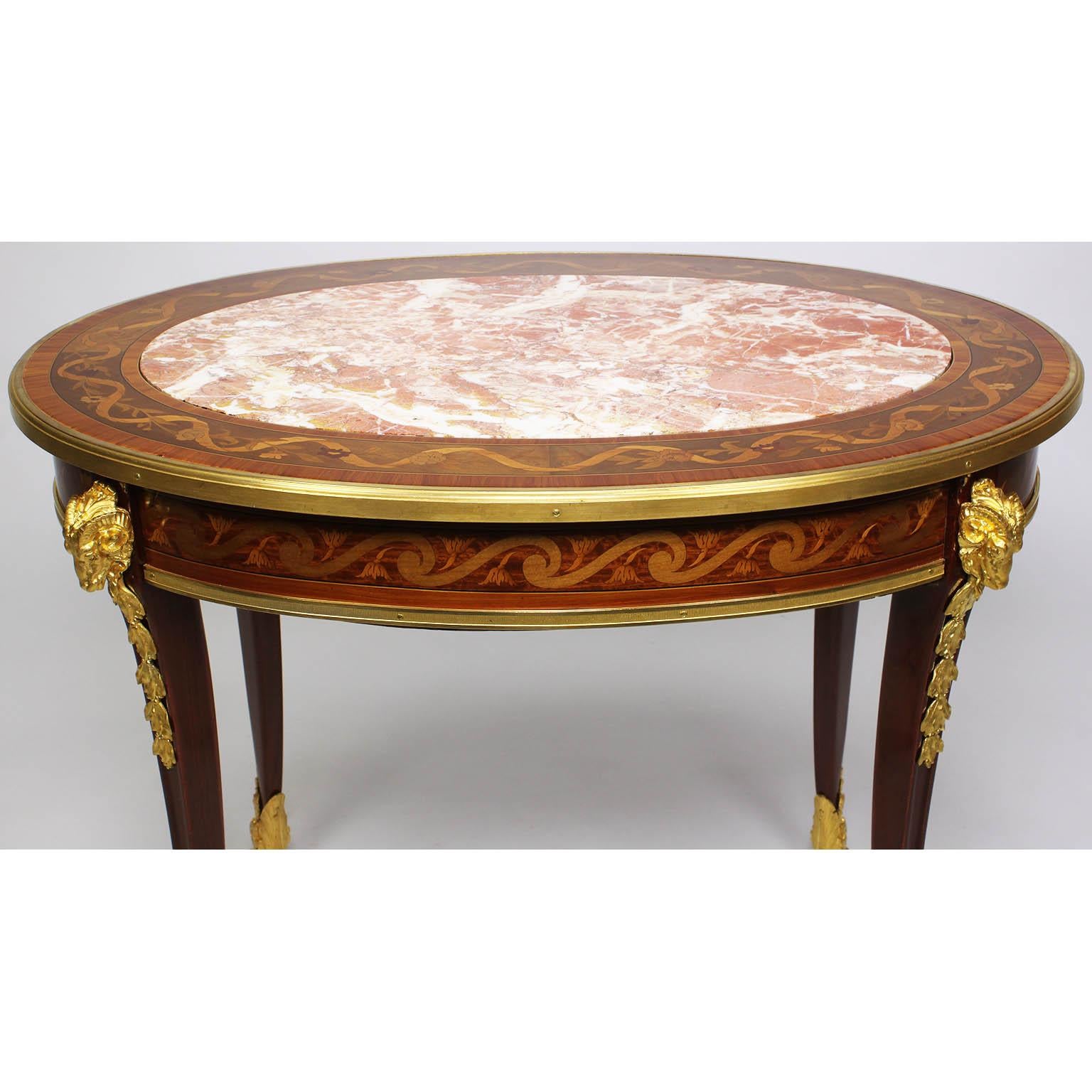 Carved French Louis XV Style Belle Époque Marquetry Coffee Table, Manner of F. Linke For Sale