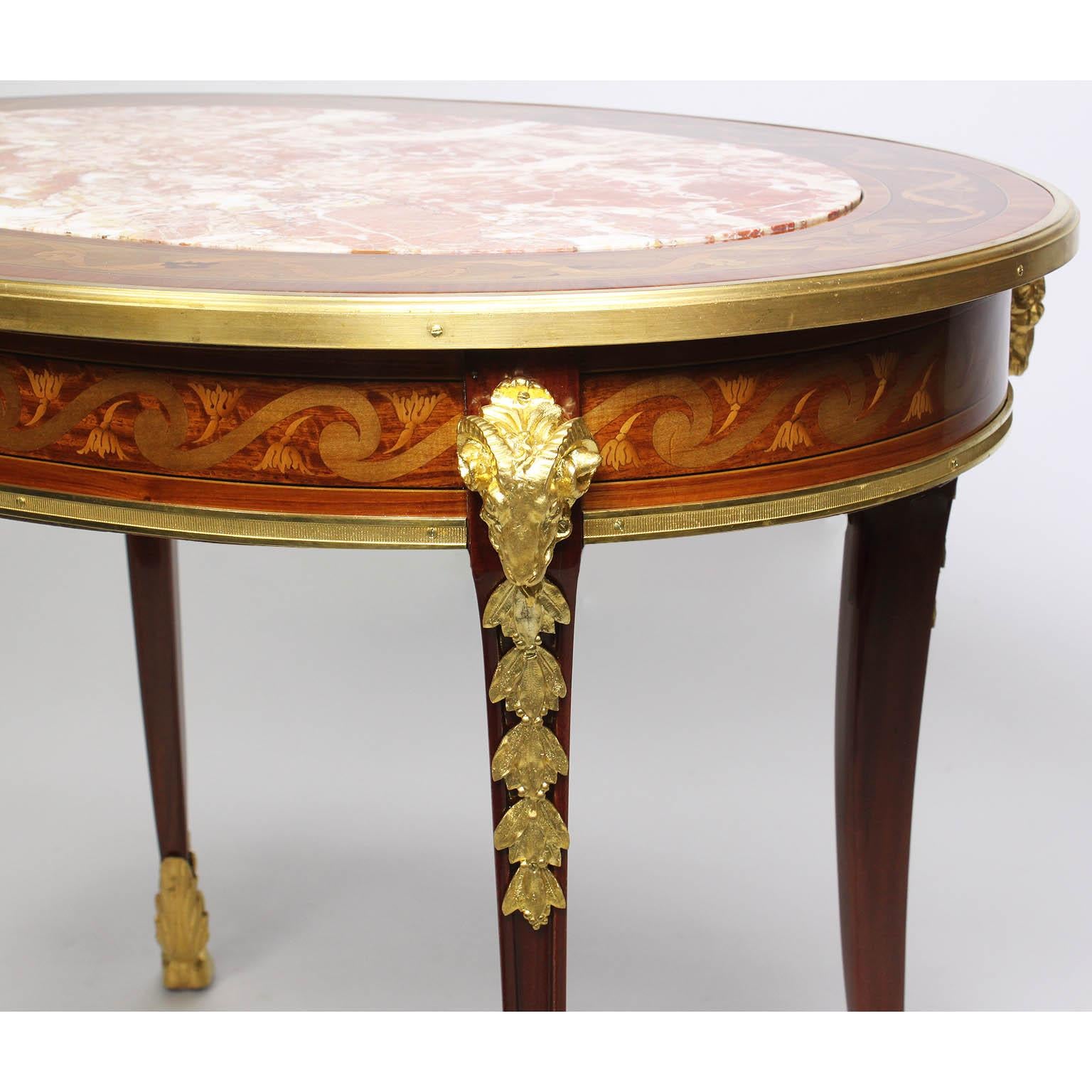 Marble French Louis XV Style Belle Époque Marquetry Coffee Table, Manner of F. Linke For Sale