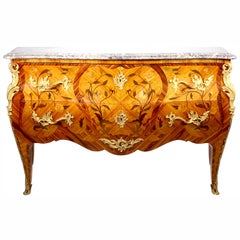 French Louis XV Style Bombé Fruitwood Marquetry & Ormolu Mounted Commode