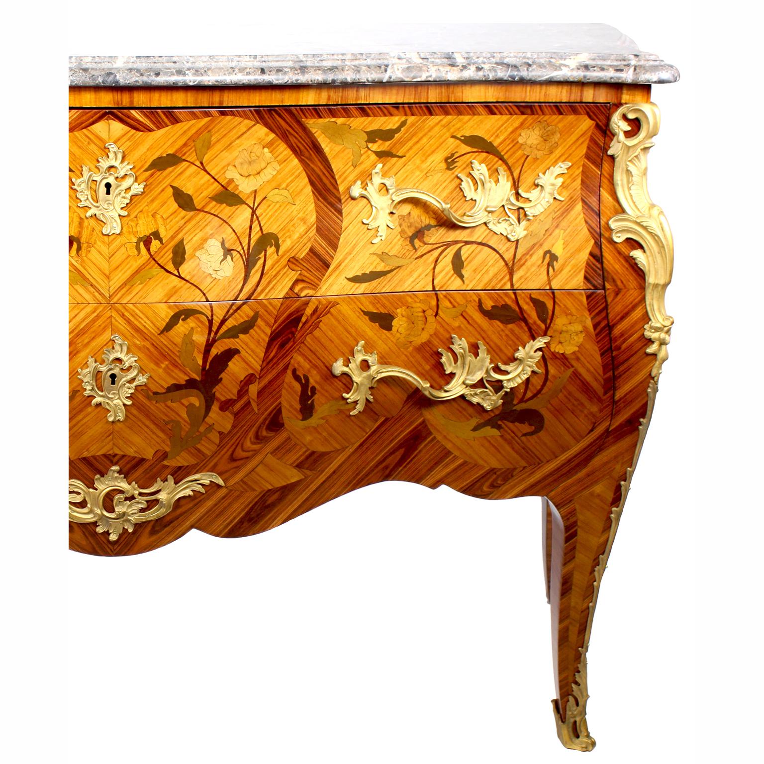 Gilt French Louis XV Style Bombé Satinwood Marquetry & Ormolu Mounted Commode For Sale