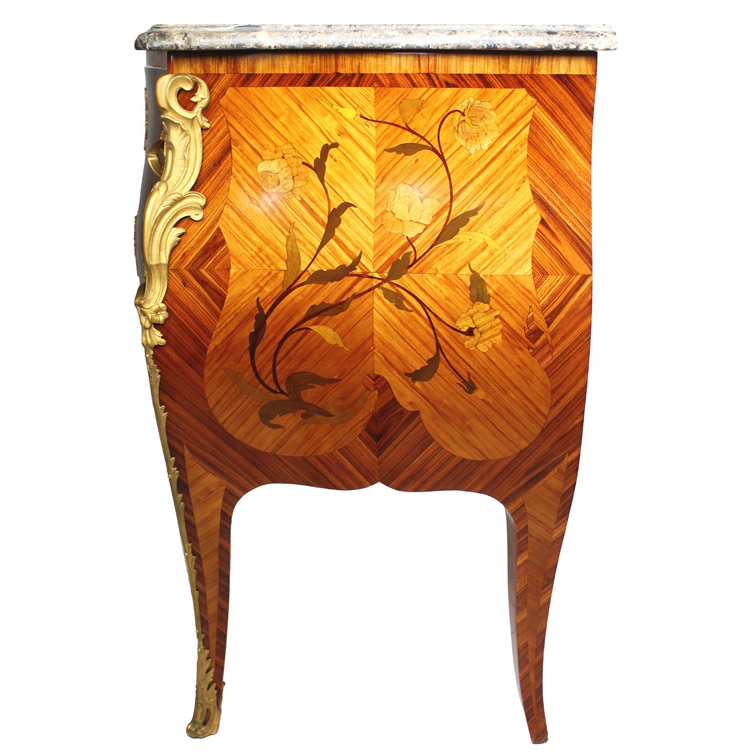Bronze French Louis XV Style Bombé Satinwood Marquetry & Ormolu Mounted Commode For Sale