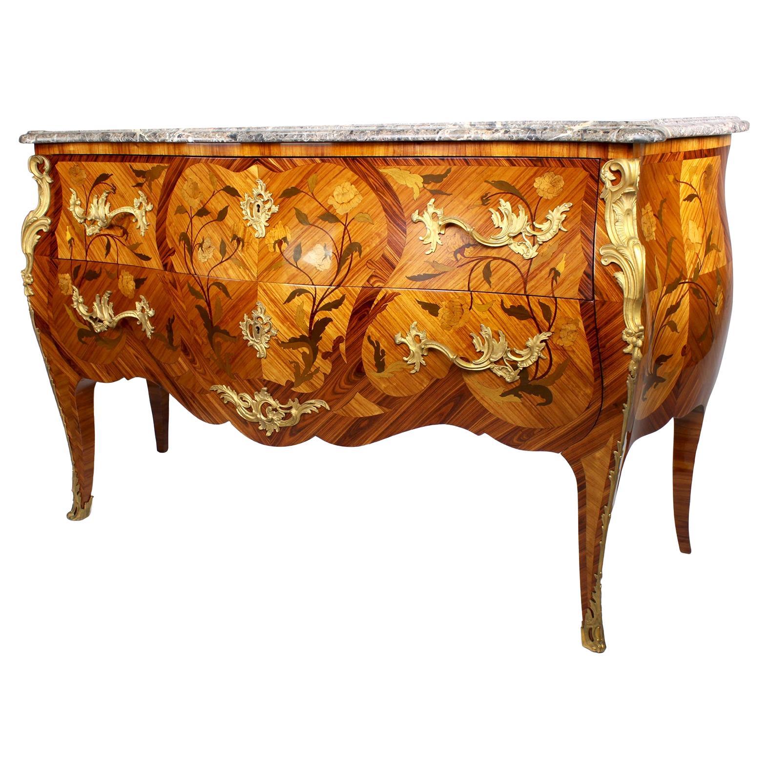 French Louis XV Style Bombé Satinwood Marquetry & Ormolu Mounted Commode