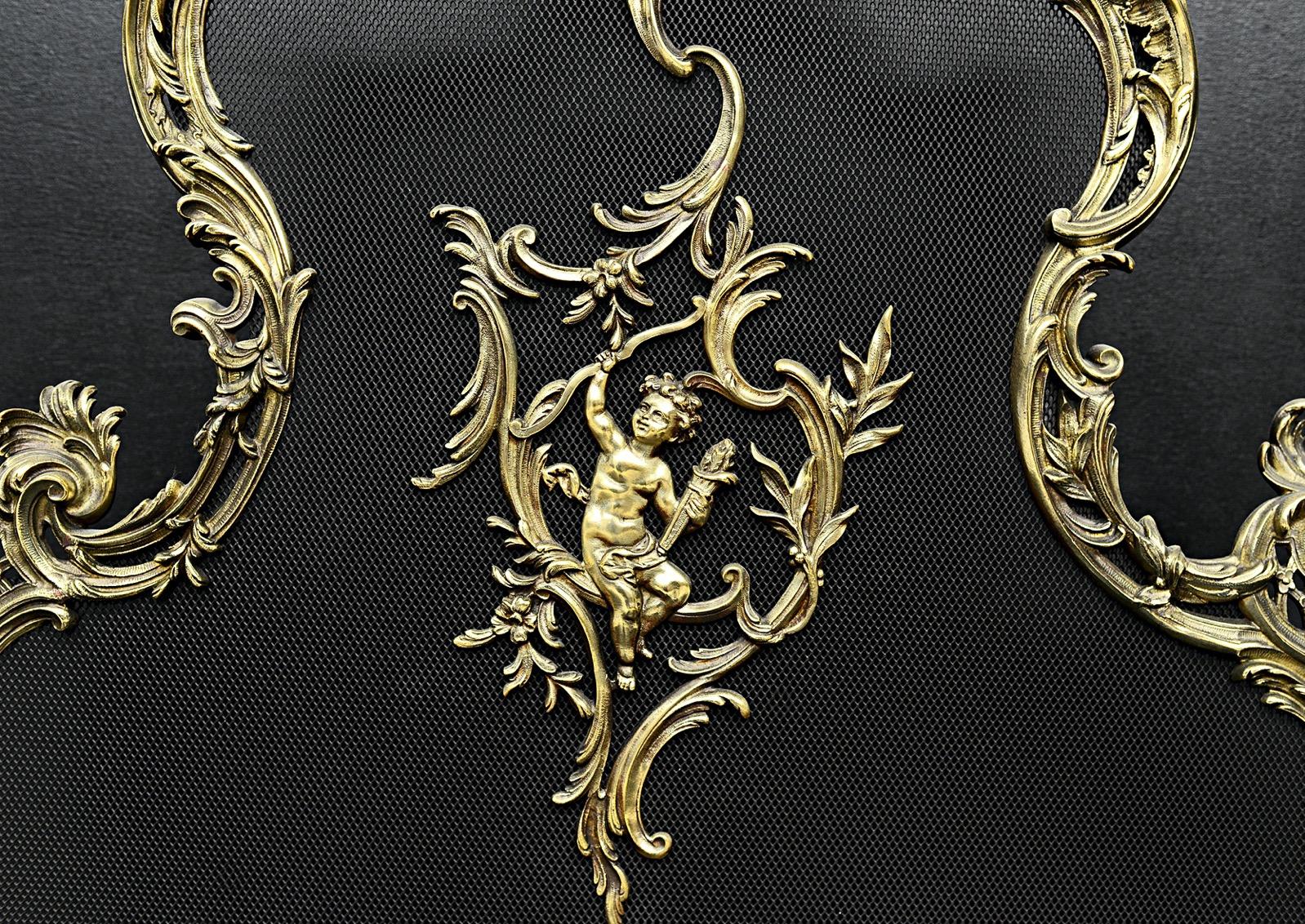 19th Century French Louis XV Style Brass Firescreen with Scrolls & Leaf Form For Sale