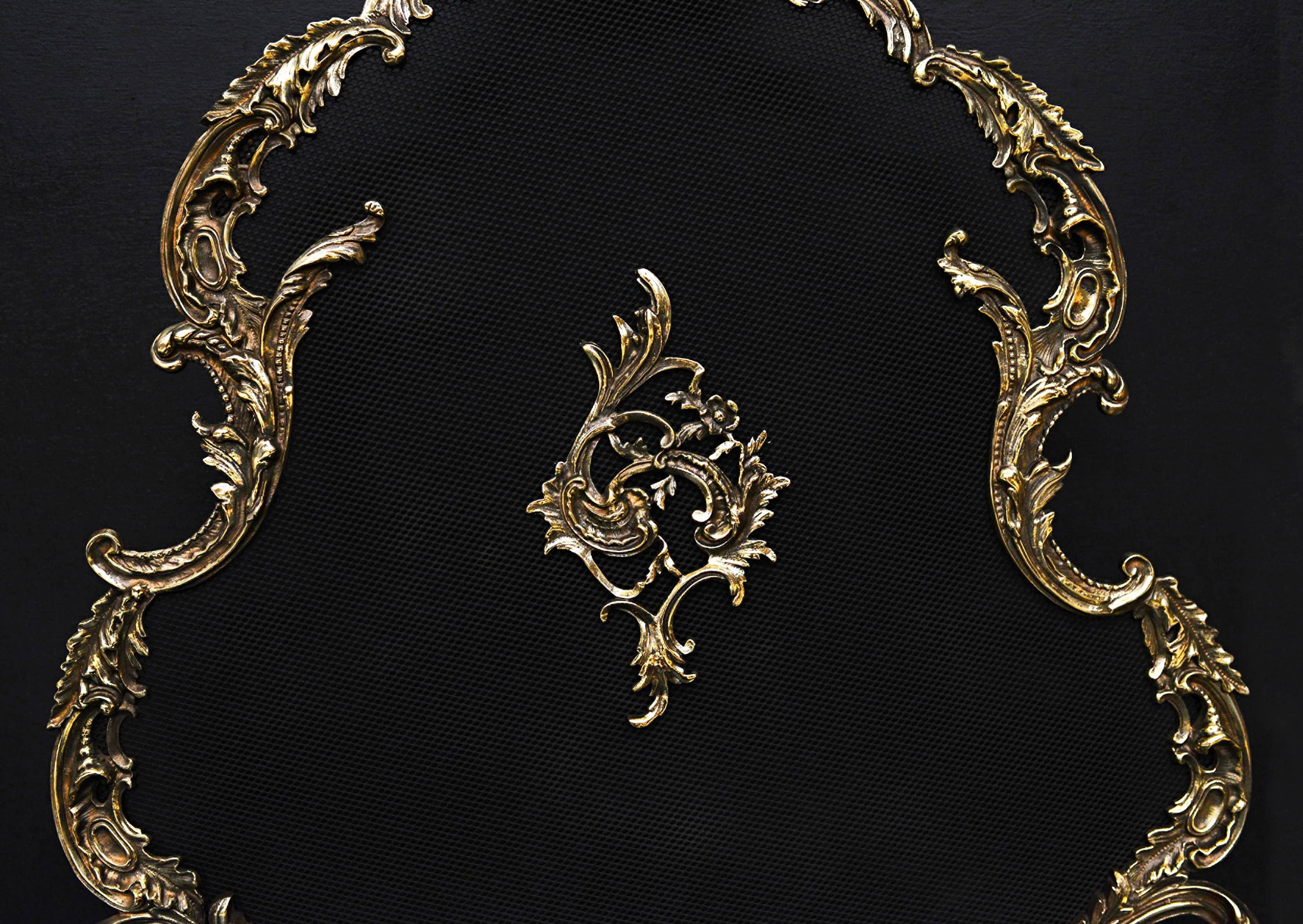 Rococo French Louis XV Style Brass Firescreen with Scrolls and Leaf Form Throughout For Sale